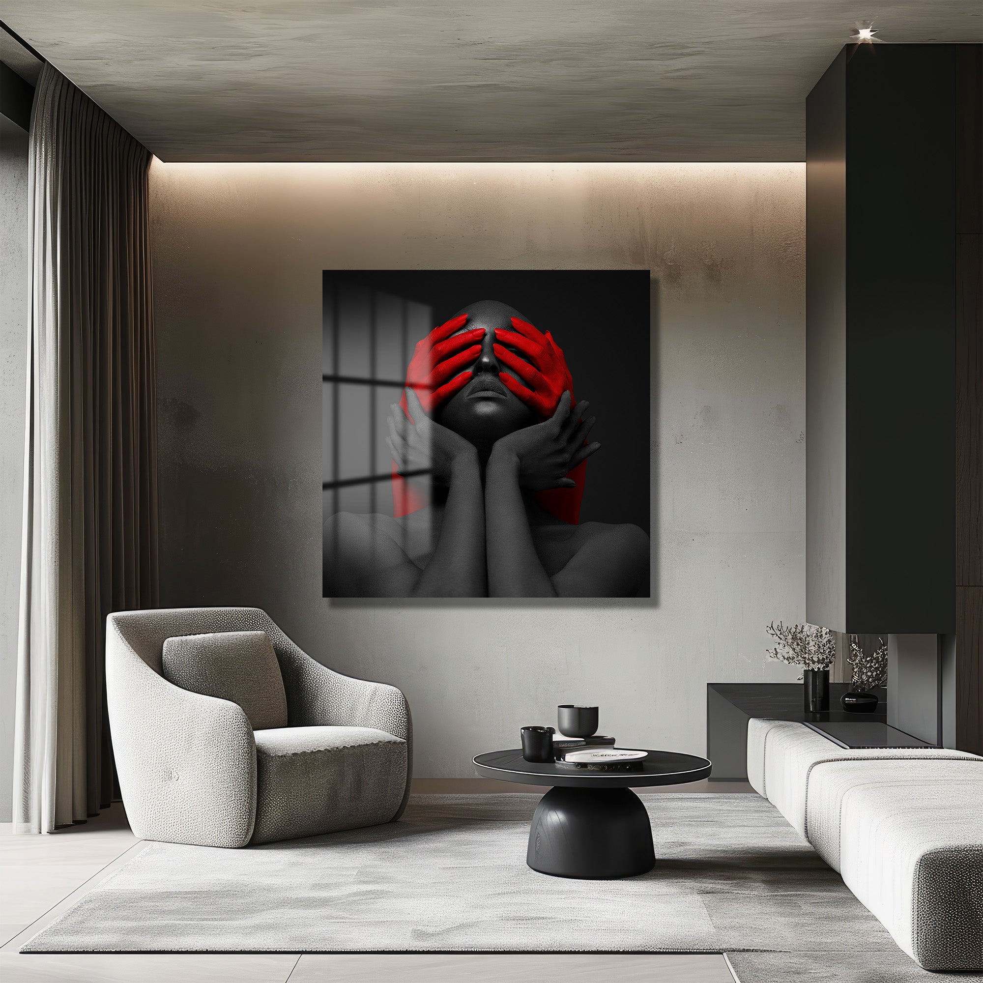 Kırmızı Ellerle Gizemli Bakış Cam Tablo - Modern Sanat Eseri