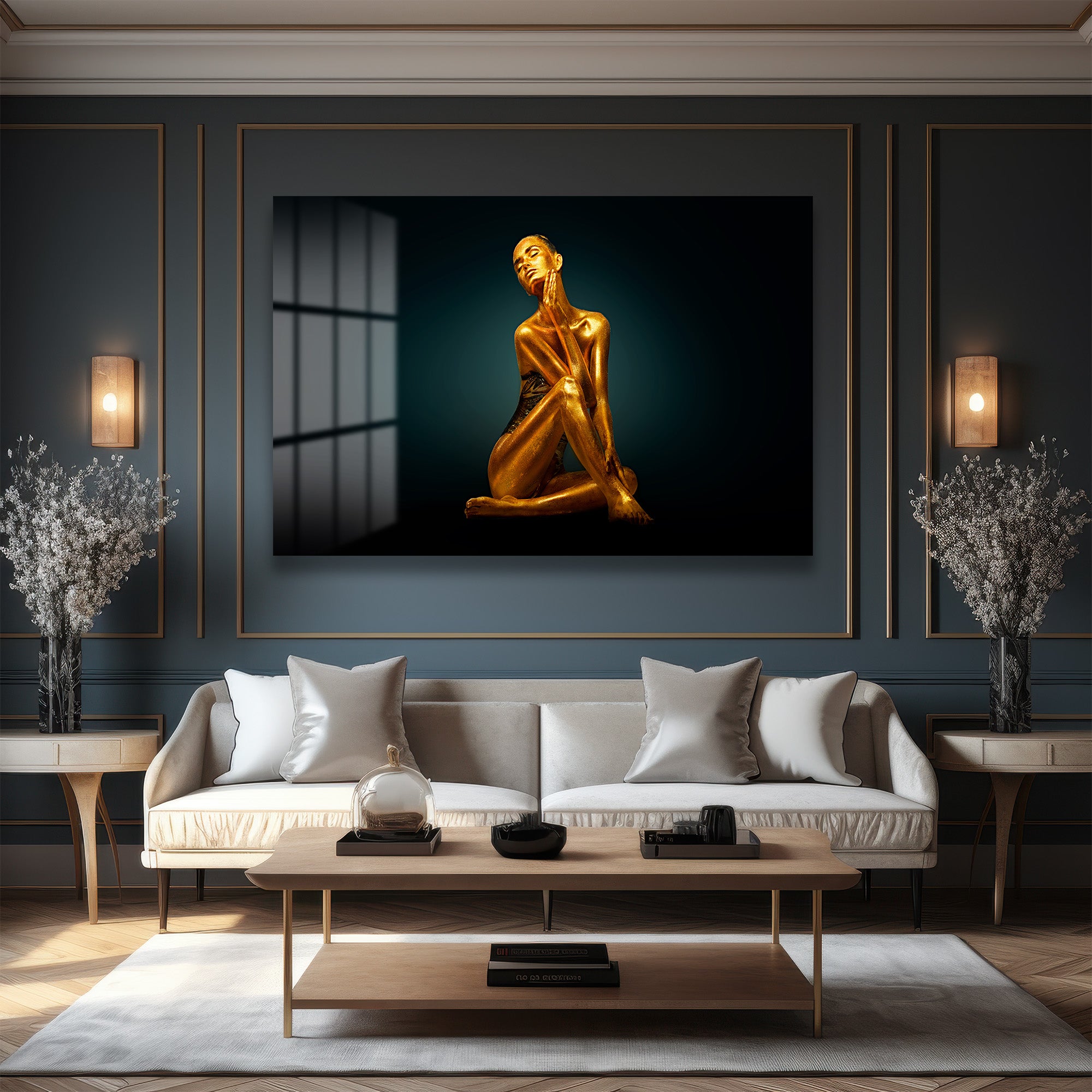 Altın Aura: Büyüleyici Modern Sanat Cam Tablo