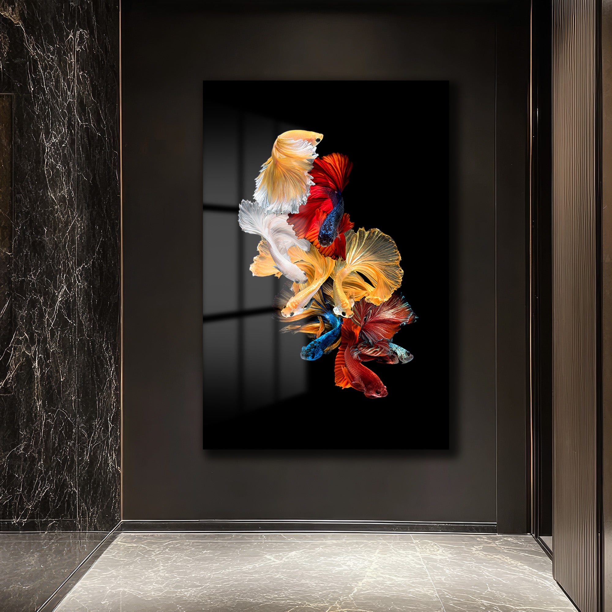 Dans Eden Renkler: Modern Betta Balıkları Temalı Temperli Cam Tablo