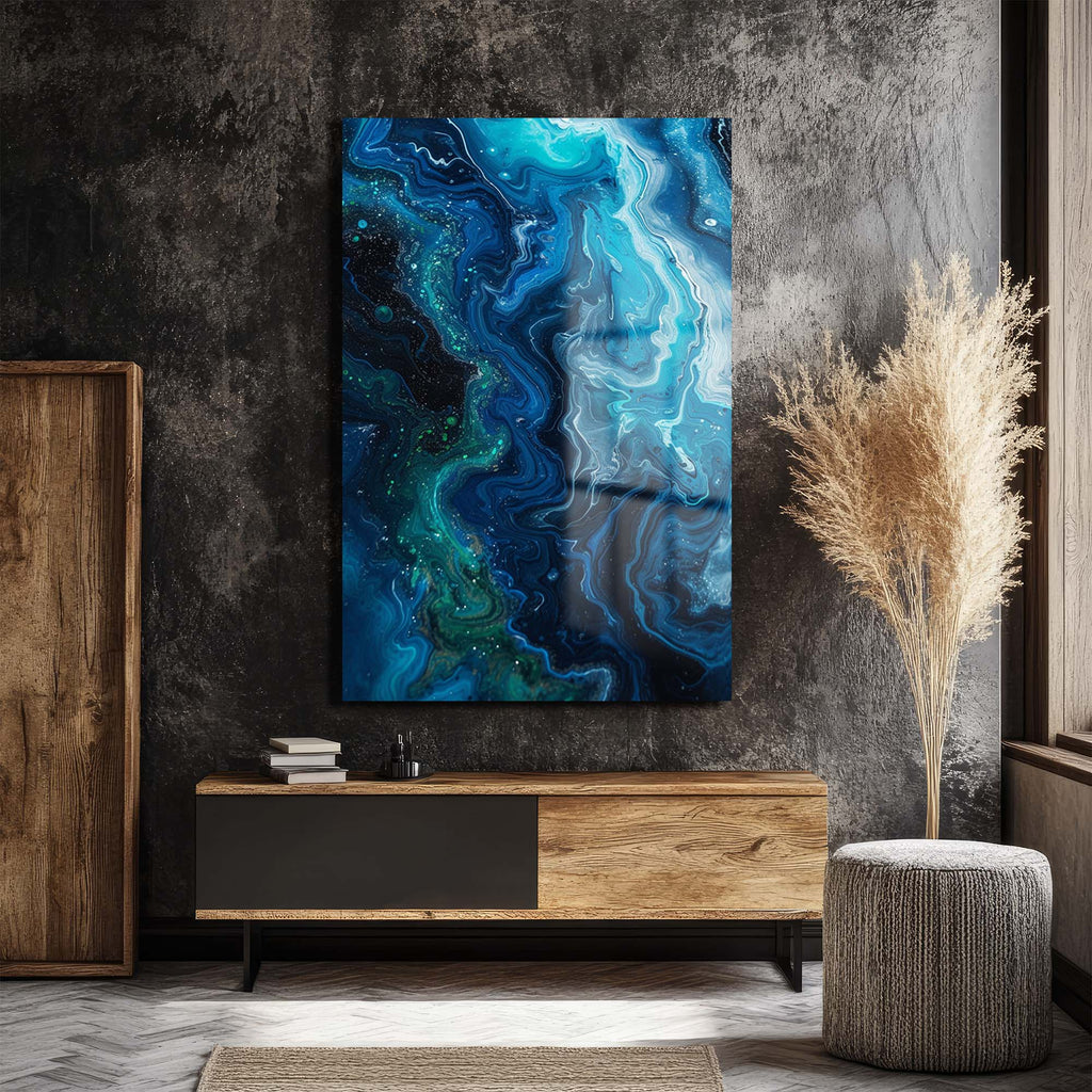 Okyanusun Gizemi: Akışkan Sanat Modern Temperli Cam Tablo