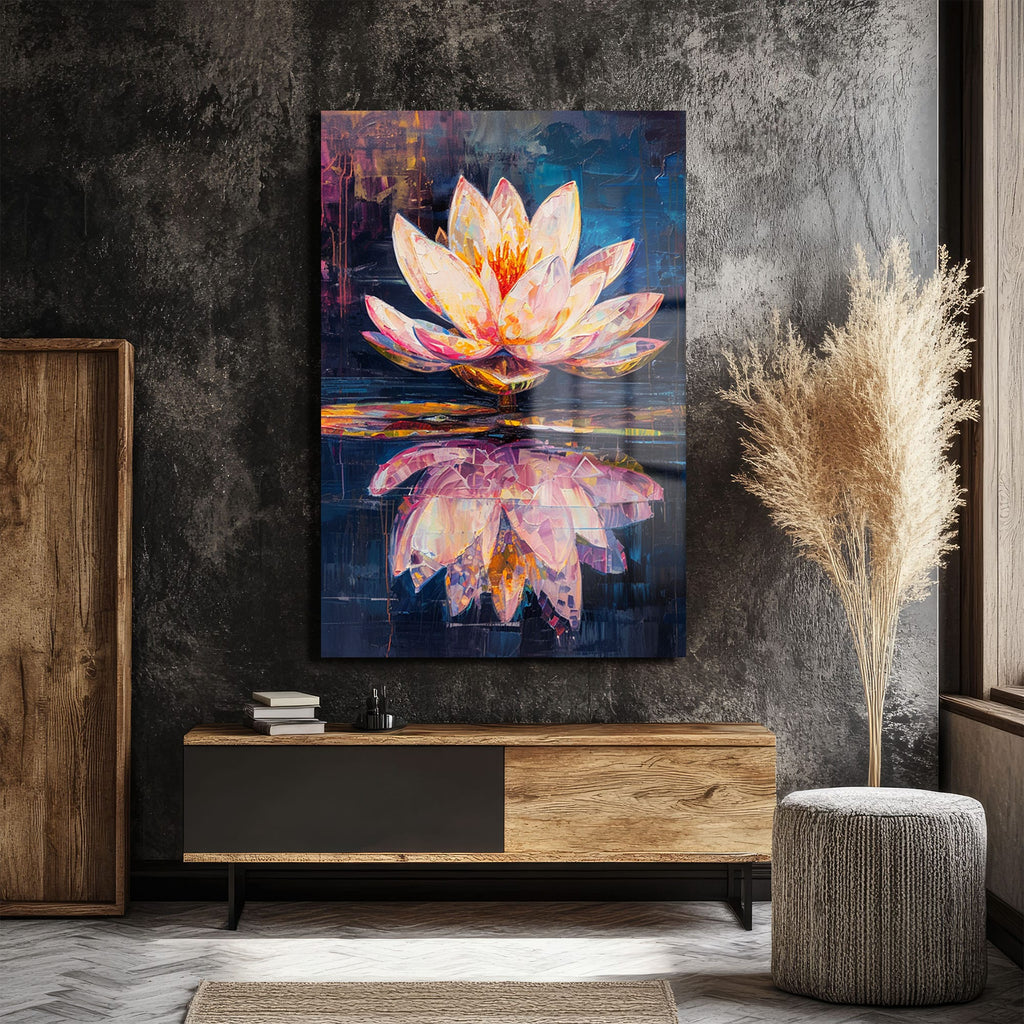 Gizemli Lotus Çiçeği: Su Üzerinde Modern Sanat Cam Tablo