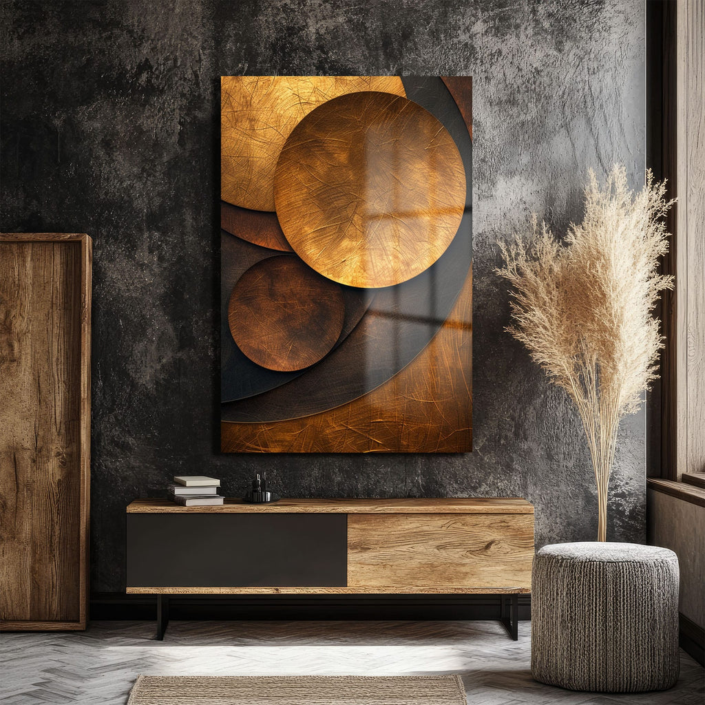 Altın ve Bronzun Dansı: Modern Geometrik Soyut Cam Tablo