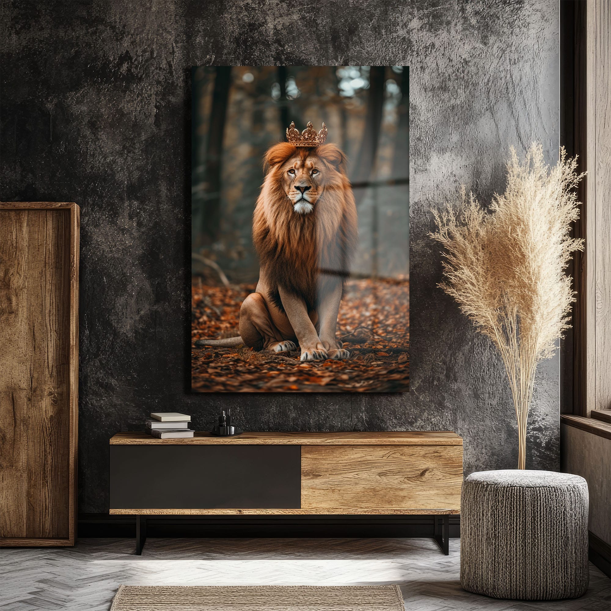 Taçlı Orman Kralı: Aslanlı Temperli Cam Tablo