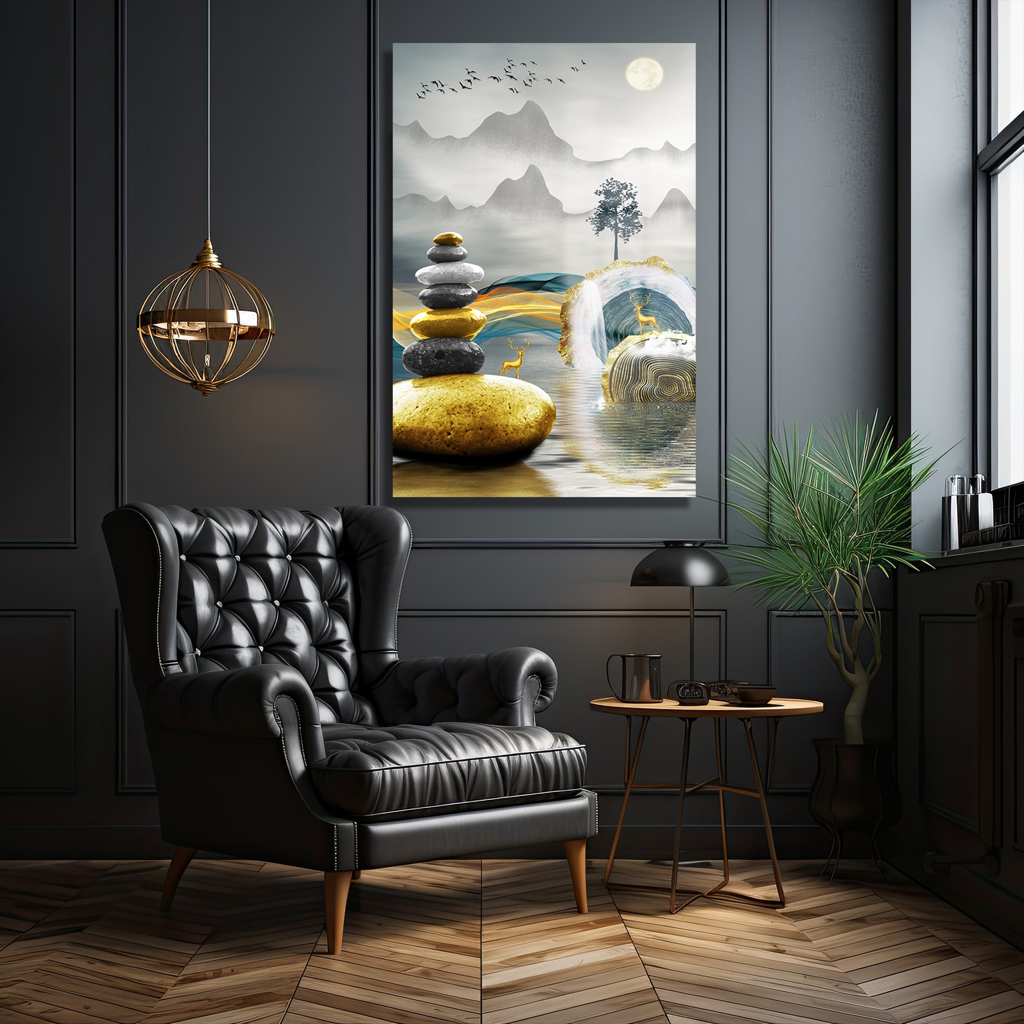 Zen Dengesi ve Altın Geyikler Modern Manzara Cam Tablo