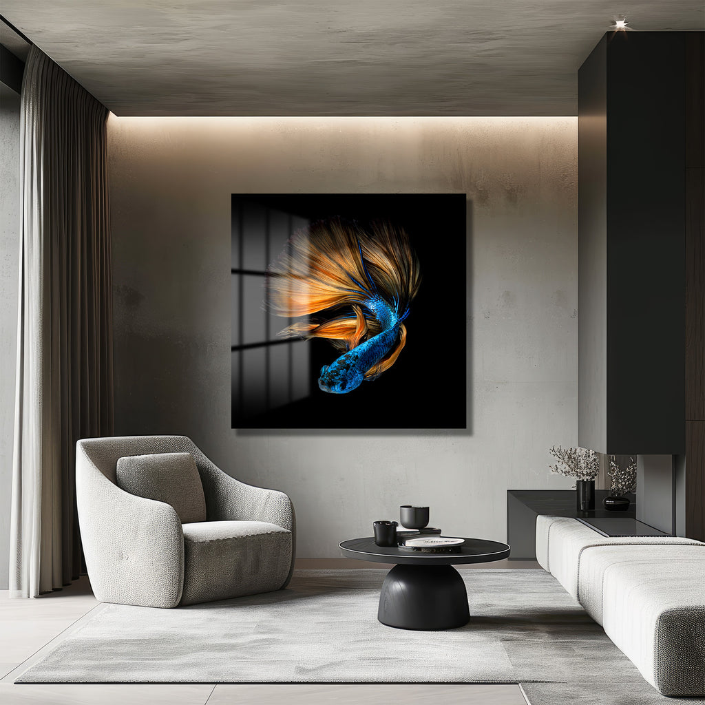 Büyüleyici Betta Balığı Mavi Turuncu Sanat Cam Tablo