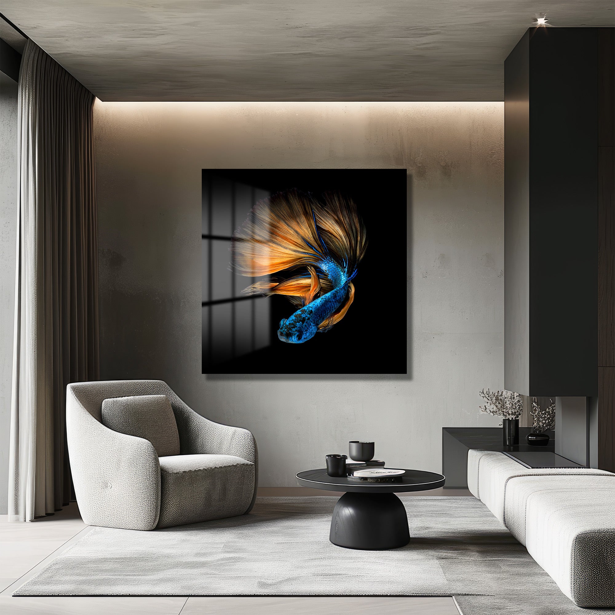 Büyüleyici Betta Balığı Mavi Turuncu Sanat Cam Tablo