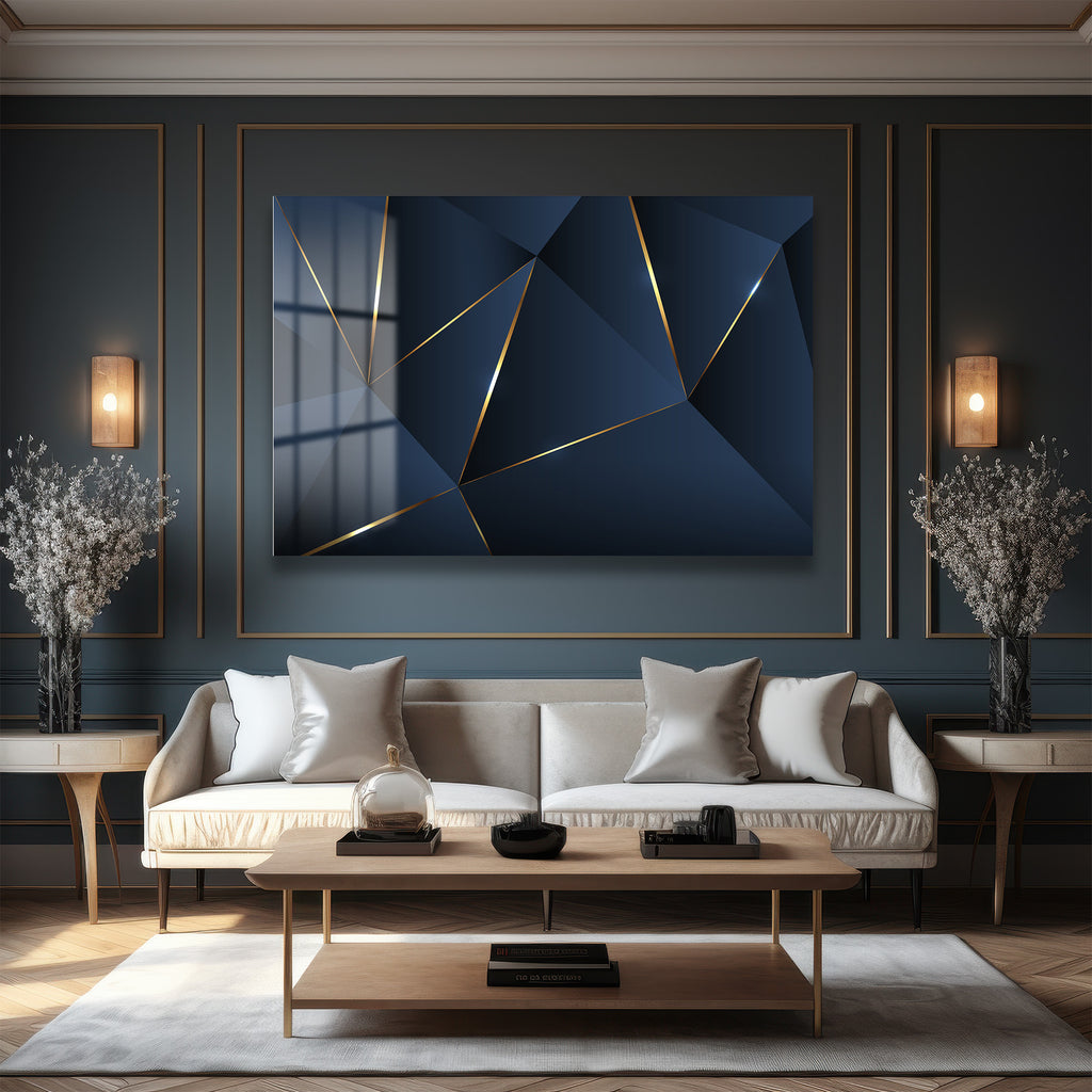 Geometrik Altın Dokunuşlar: Lacivert Modern Cam Tablo