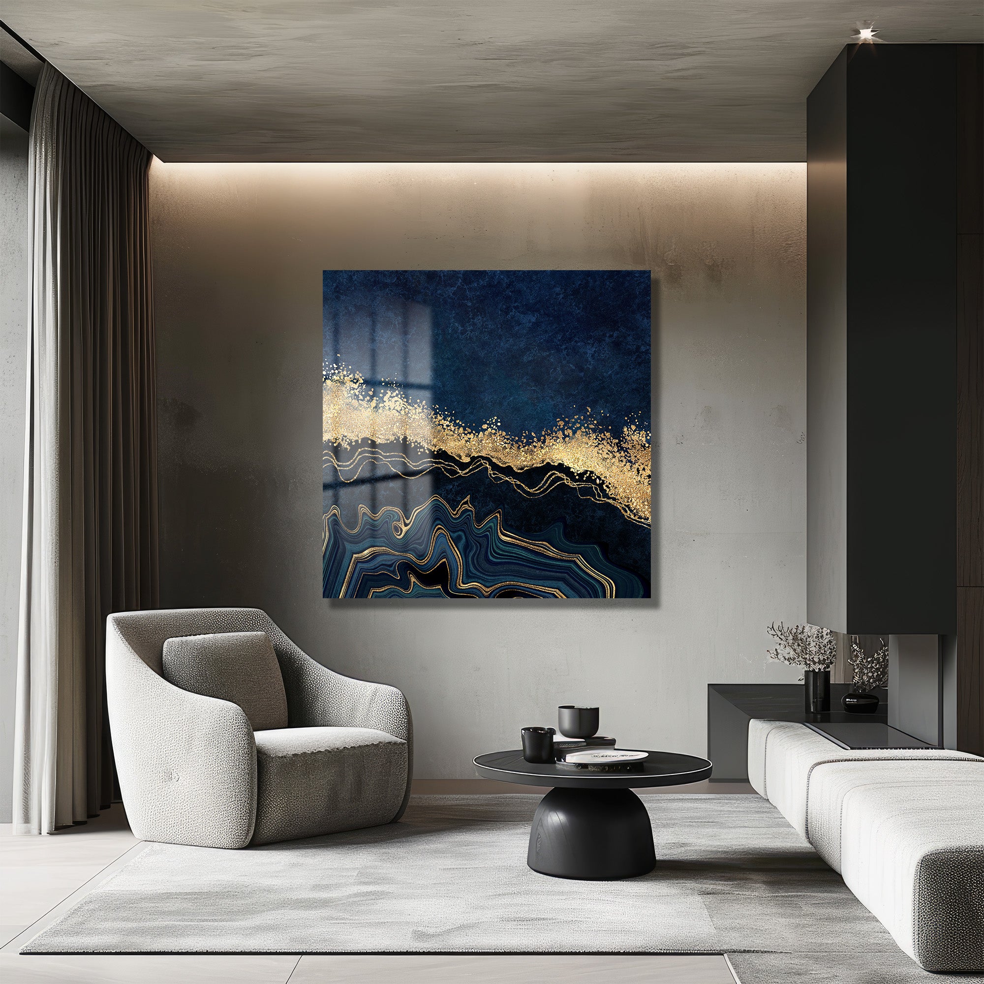 Gece Mavisi ve Altın Parıltılı Soyut Cam Tablo