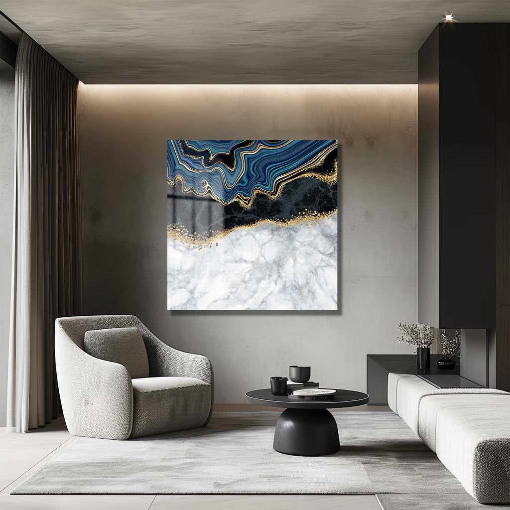 Lüks Geode Mavi ve Altın Desenli Modern Cam Tablo