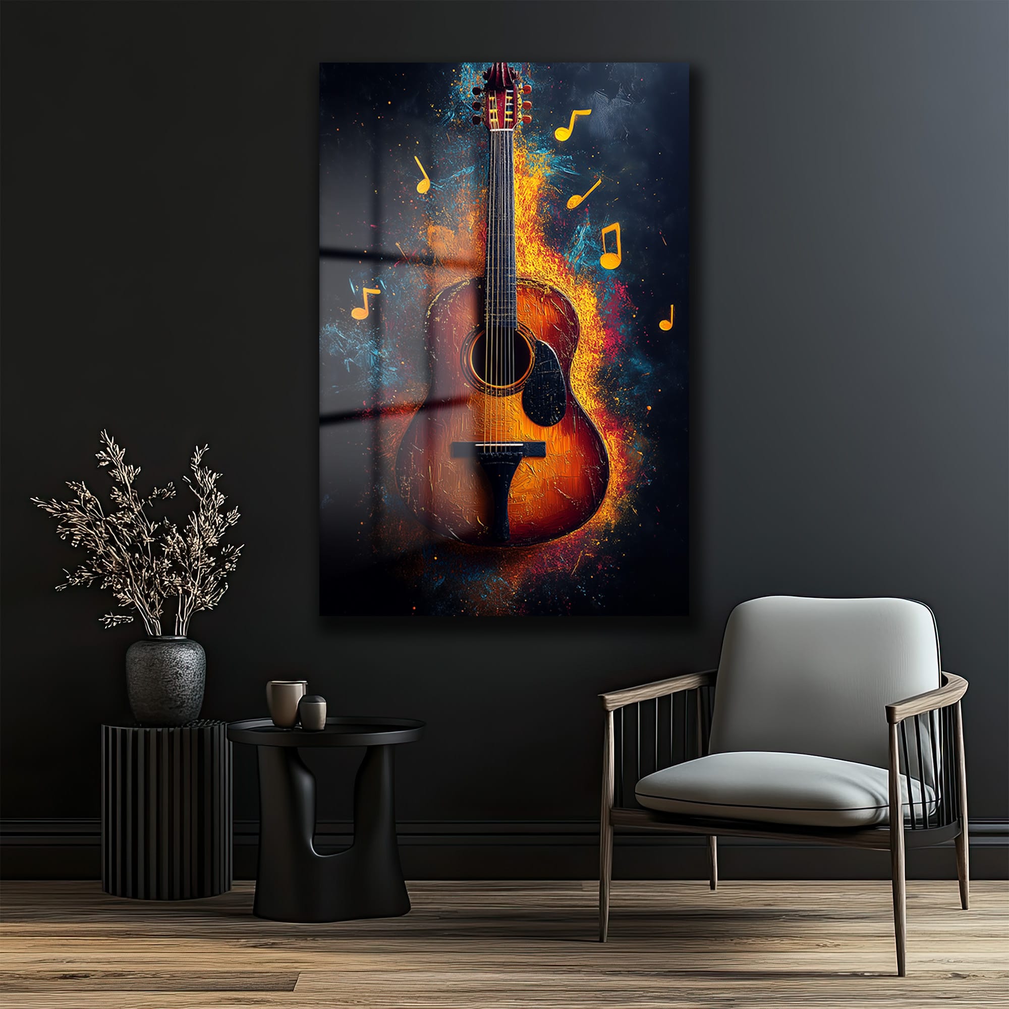 Melodinin Dansı: Enerjik Gitar Temalı Soyut Cam Tablo
