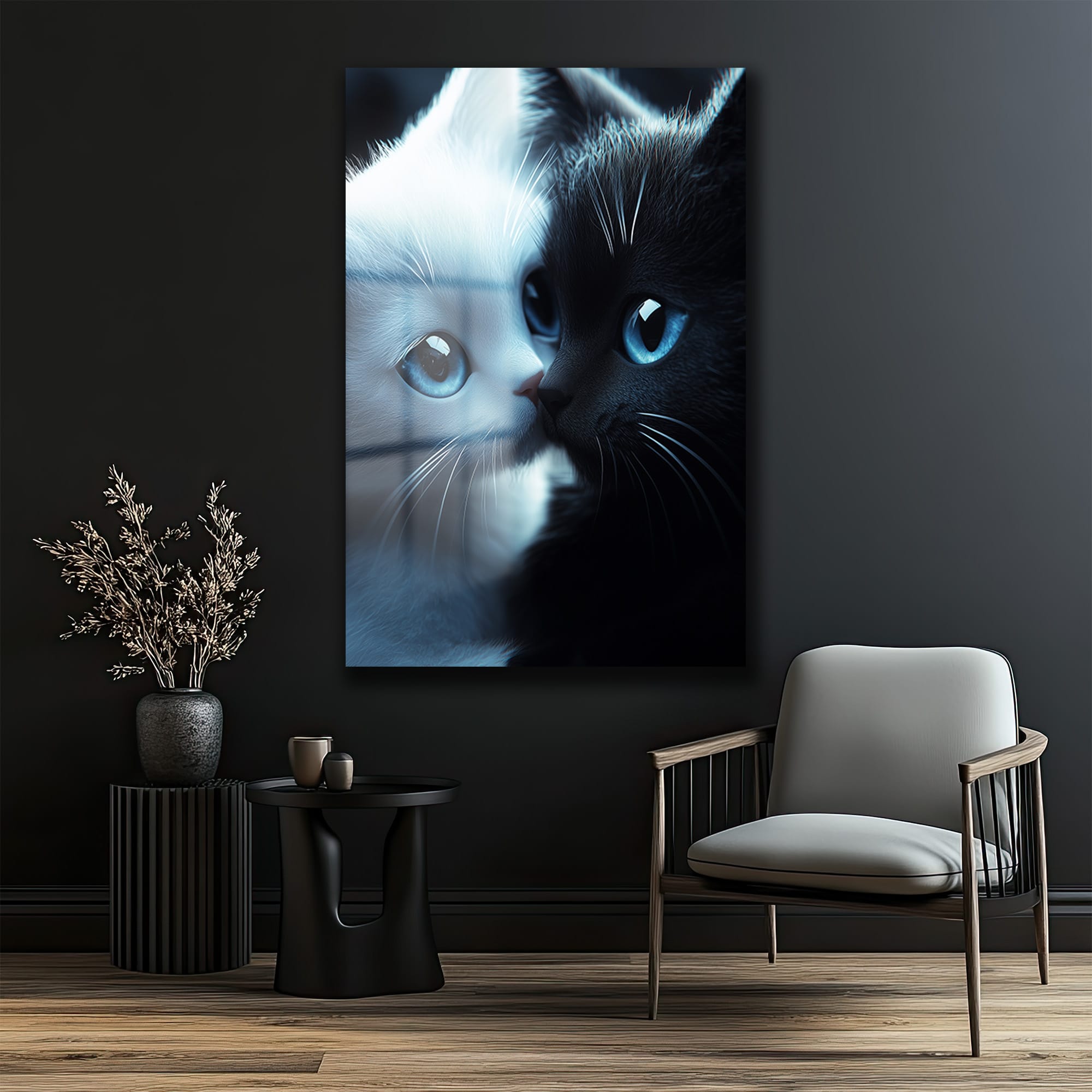 Mavi Gözlerin Gizemi: Beyaz Kedi ve Yansıması Modern Cam Tablo