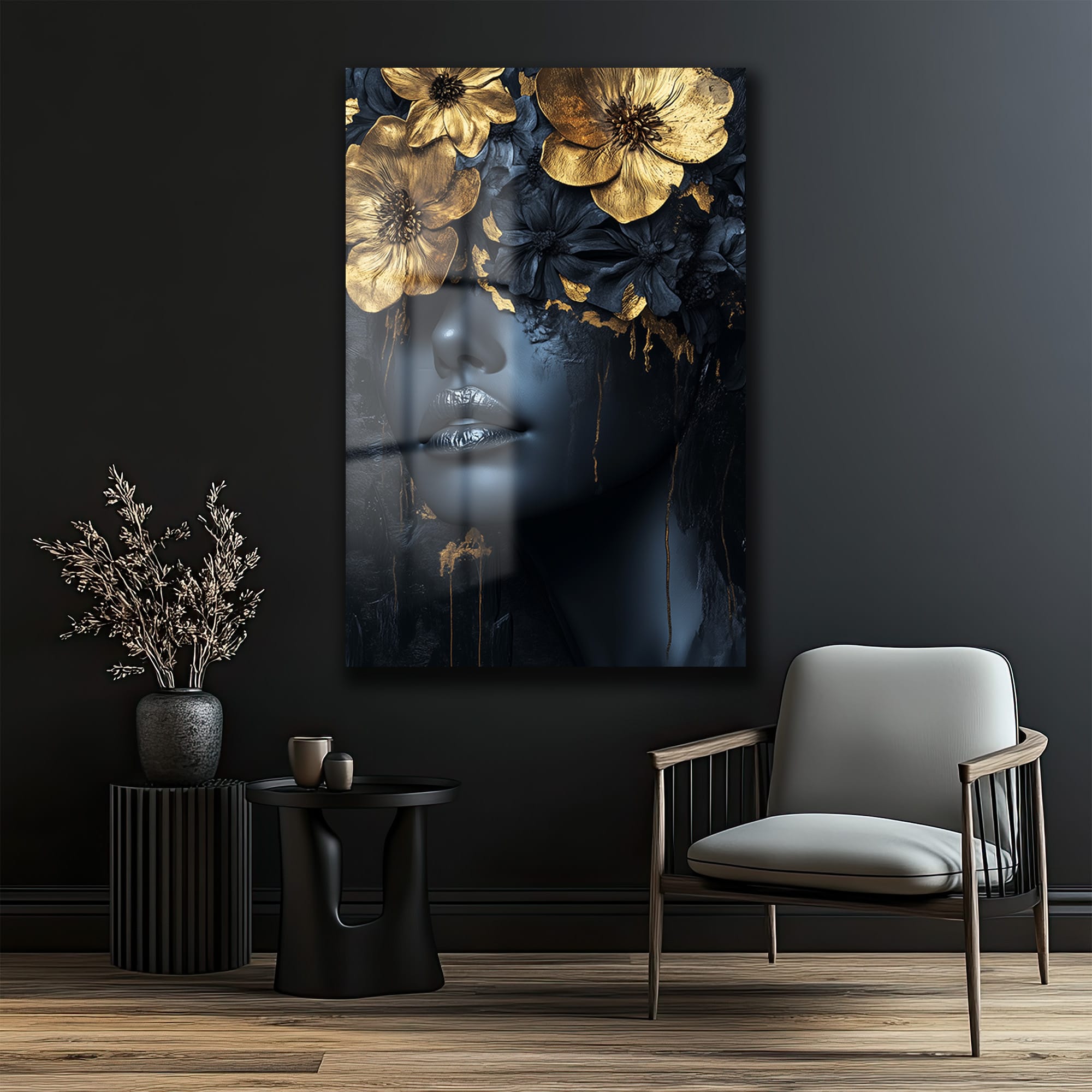Altın Çiçekli Gizem: Modern Sanat Temperli Cam Tablo
