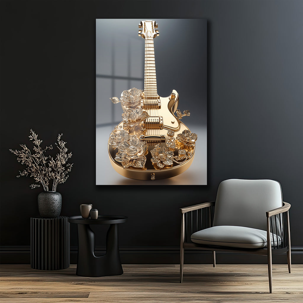 Altın Melodi: Lüks Çiçekli Gitar Sanat Cam Tablo