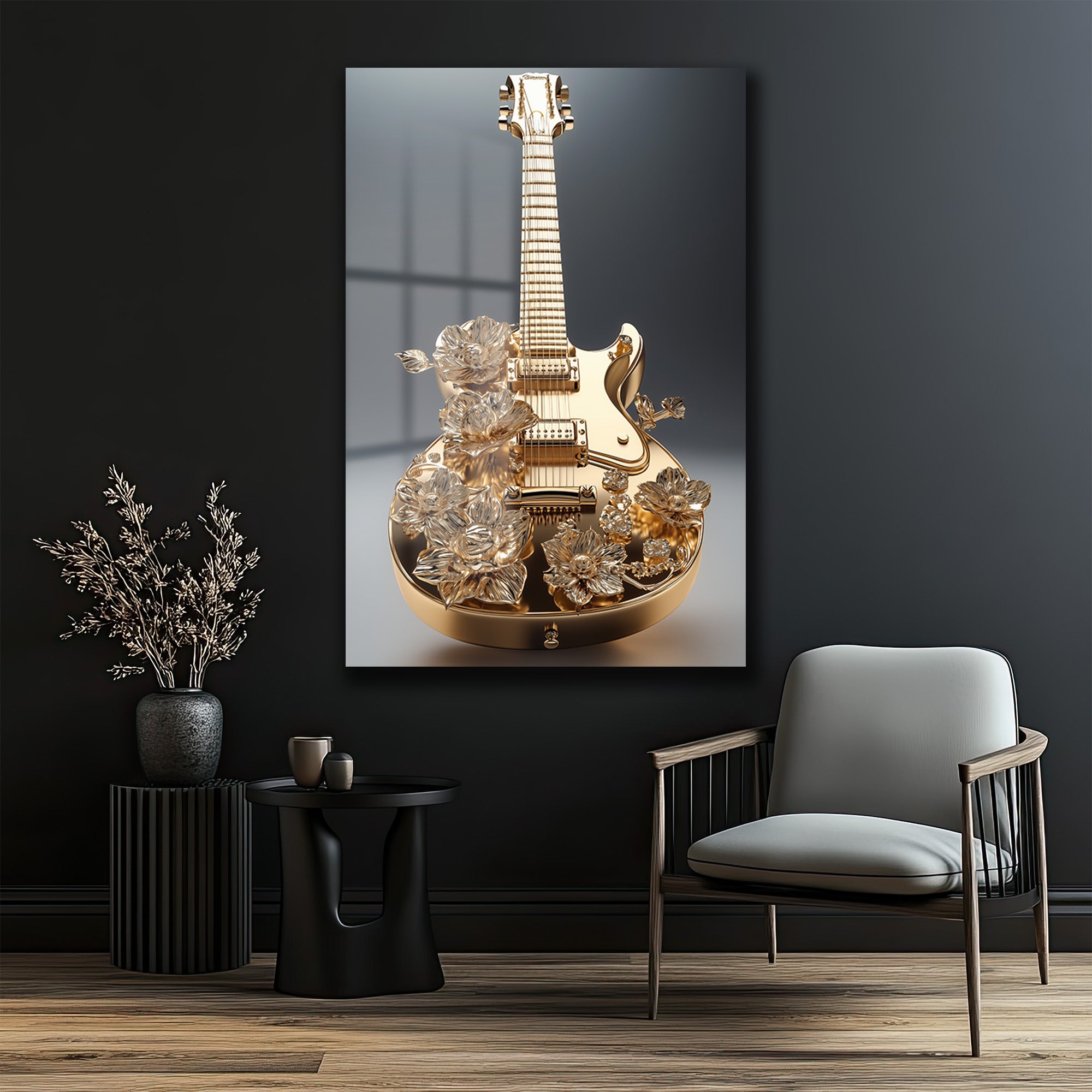 Altın Melodi: Lüks Çiçekli Gitar Sanat Cam Tablo