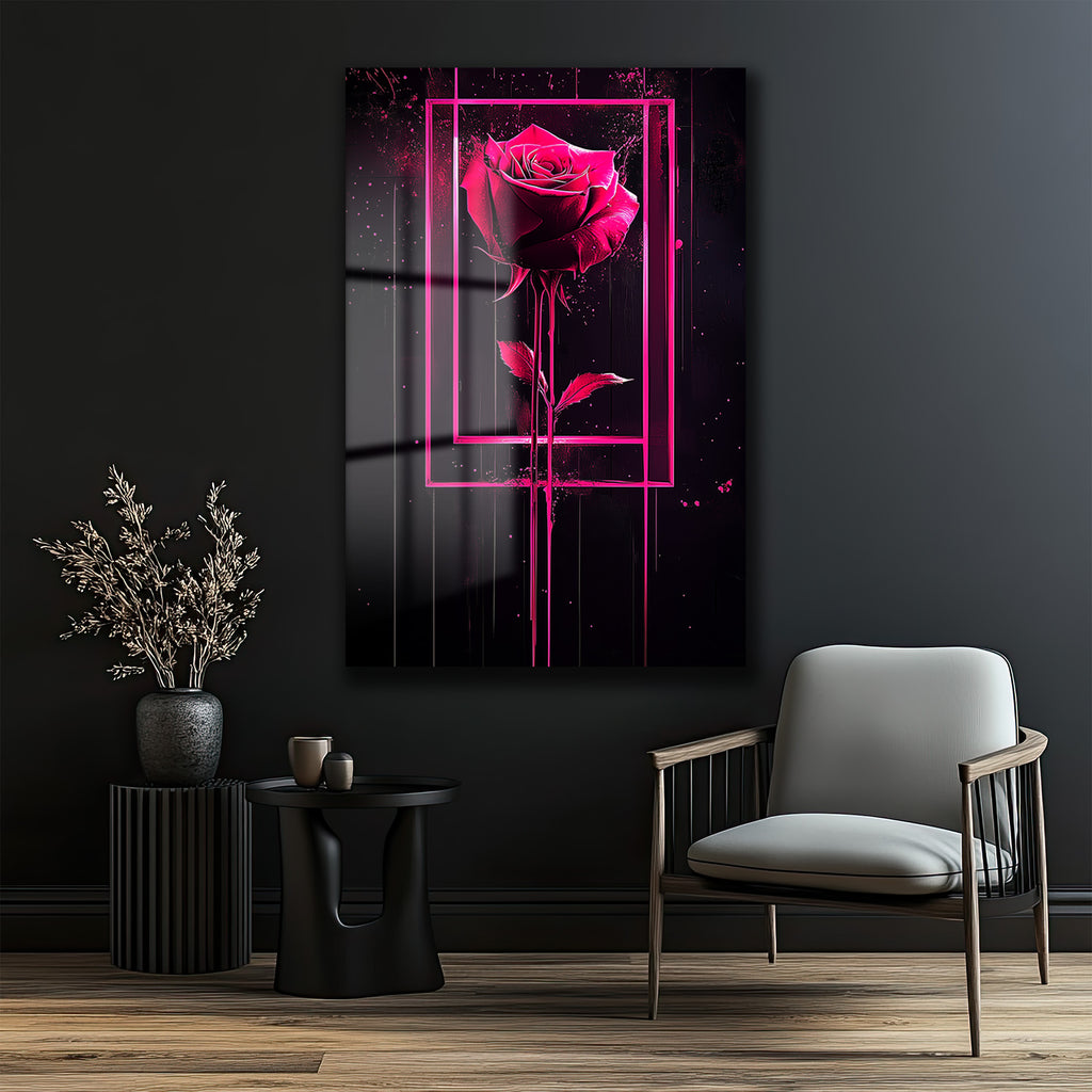 Dramatik Pembe Gül: Neon Çerçeveli Modern Sanat Cam Tablo