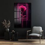 Dramatik Pembe Gül: Neon Çerçeveli Modern Sanat Cam Tablo