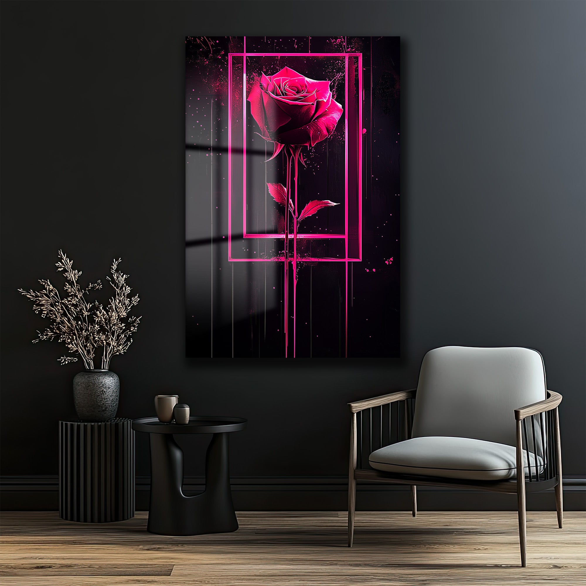 Dramatik Pembe Gül: Neon Çerçeveli Modern Sanat Cam Tablo