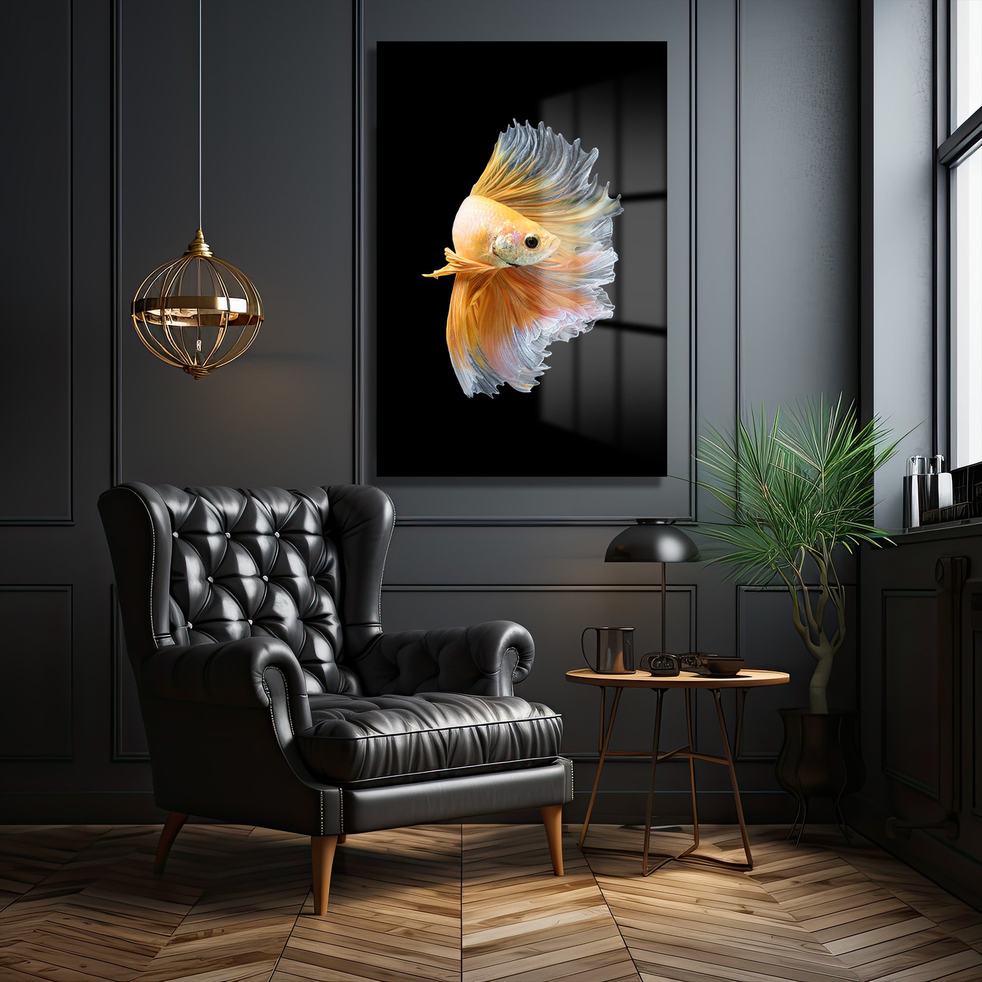 Altın Betta Balığı Cam Tablo - Siyahın Asaletiyle Buluşan Işıltılı Sanat