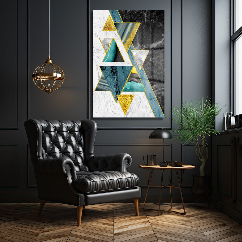 Altın Vurgulu Geometrik Soyut Modern Cam Tablo