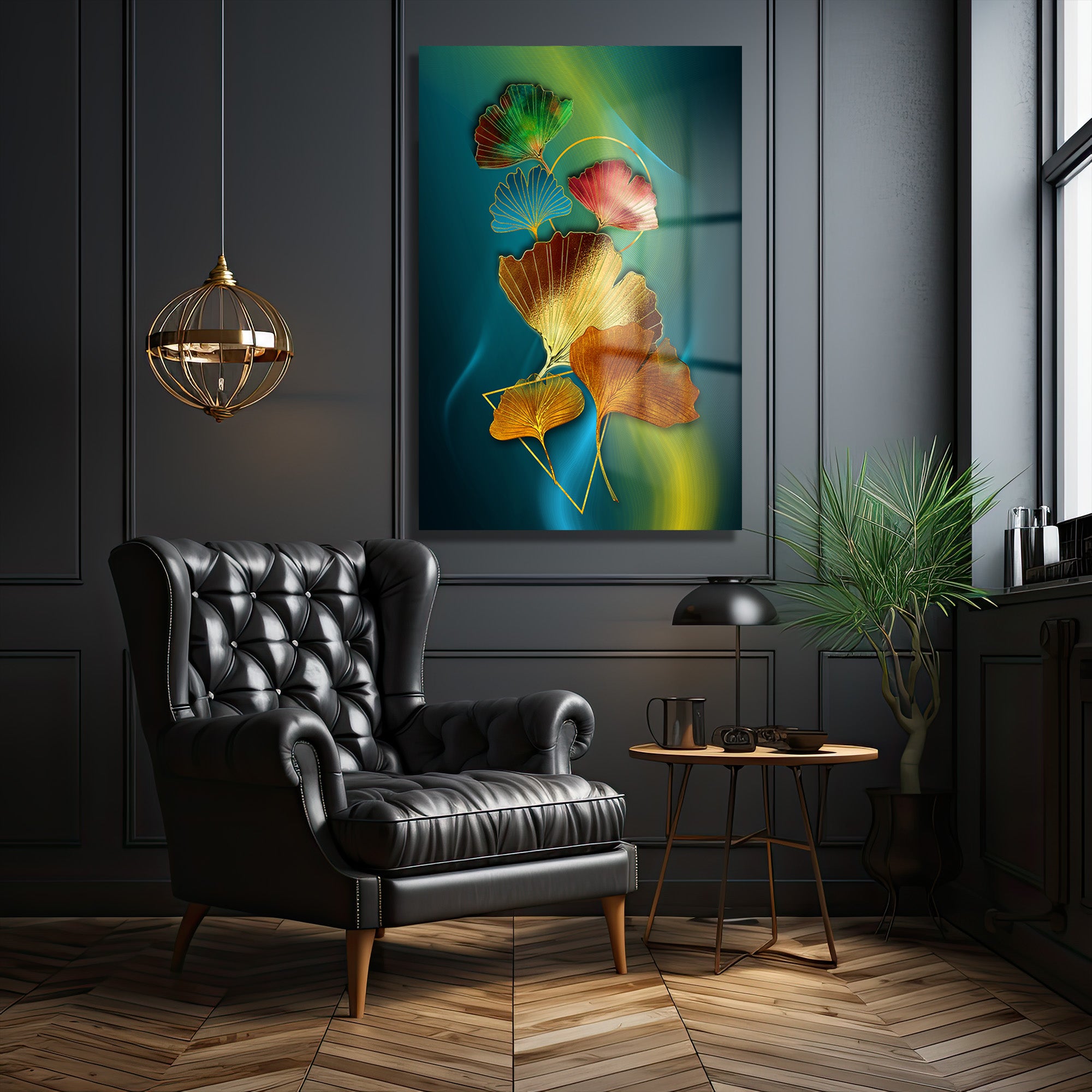 Altın Varaklı Ginkgo Yaprakları Modern Cam Tablo