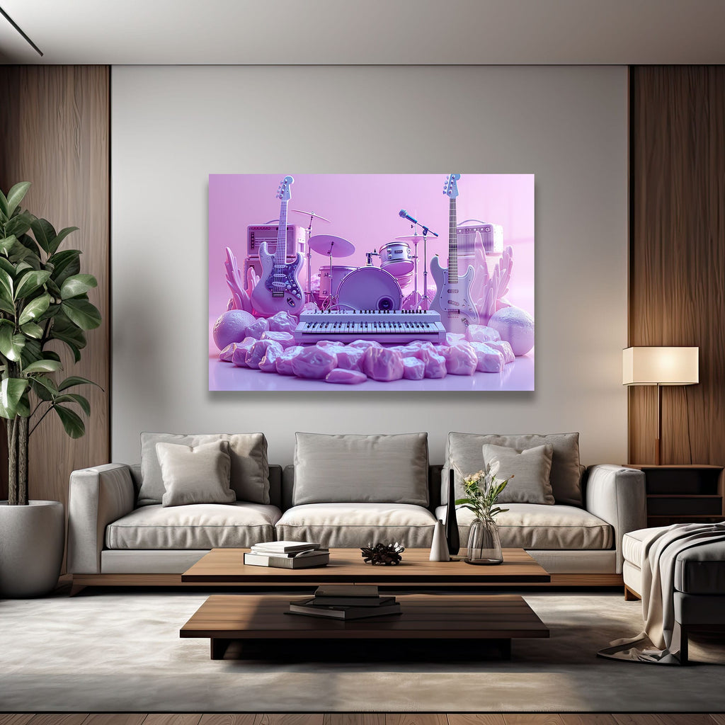 Rüya Gibi Sahne: Pastel Tonlarda Müzik Aletleri Modern Cam Tablo