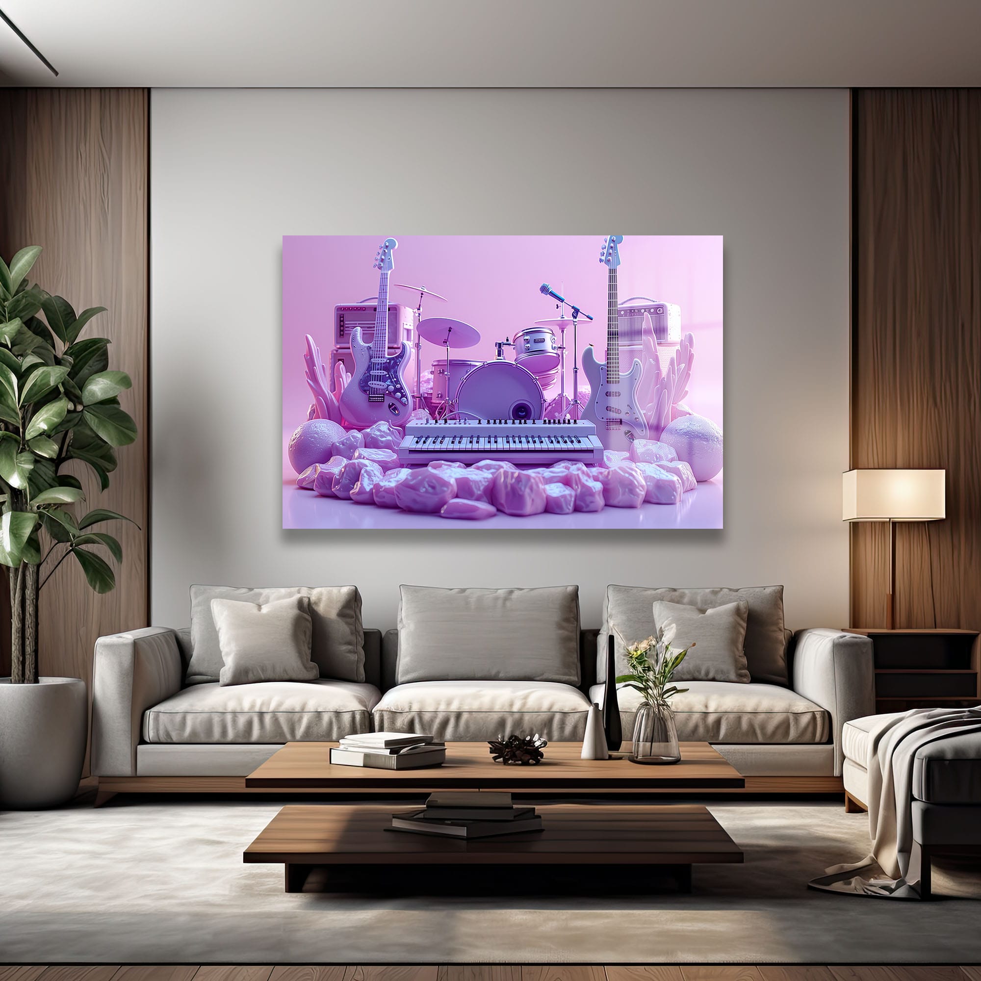 Rüya Gibi Sahne: Pastel Tonlarda Müzik Aletleri Modern Cam Tablo