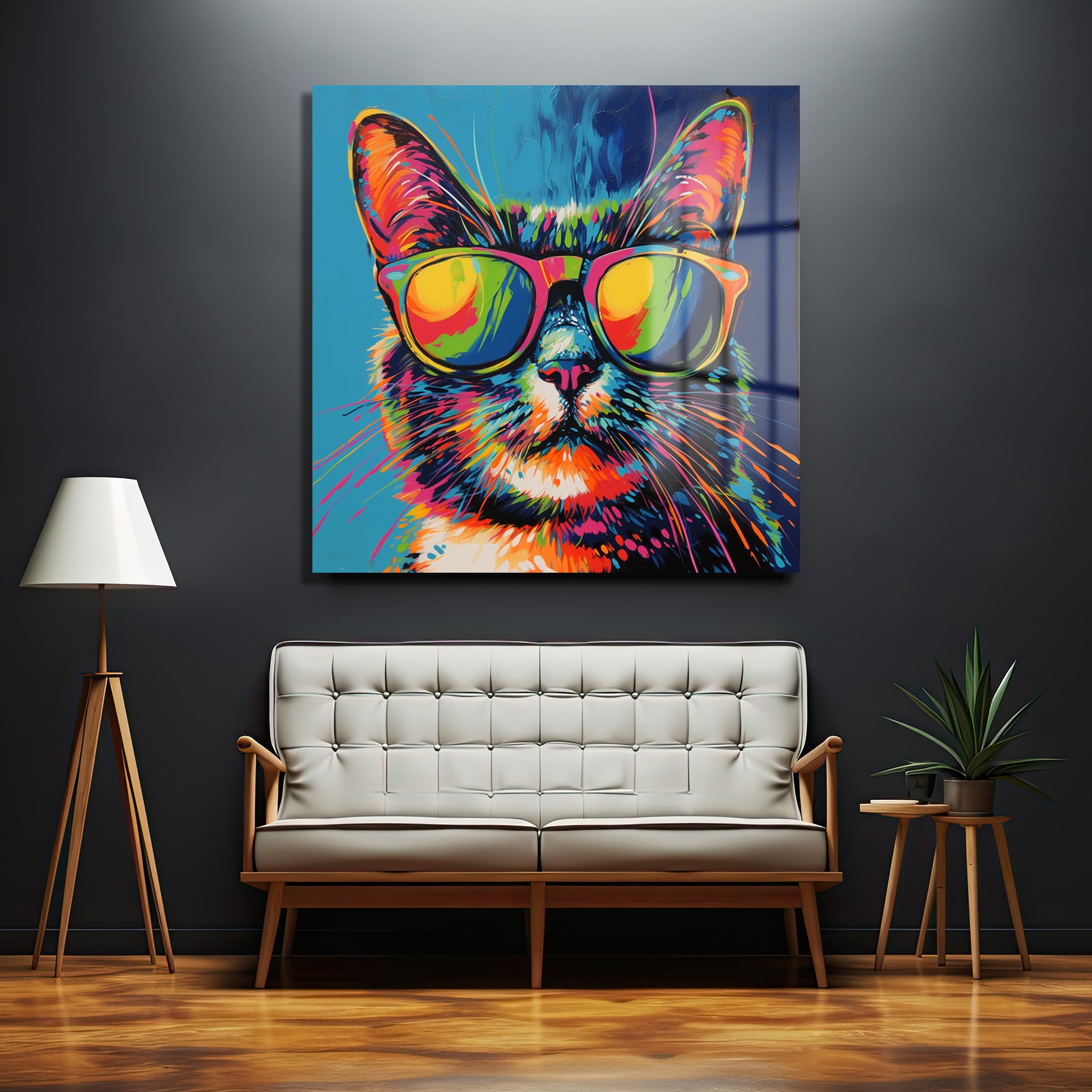 Urban Cool: Gözlüklü Kedi Pop Art Temperli Cam Tablo