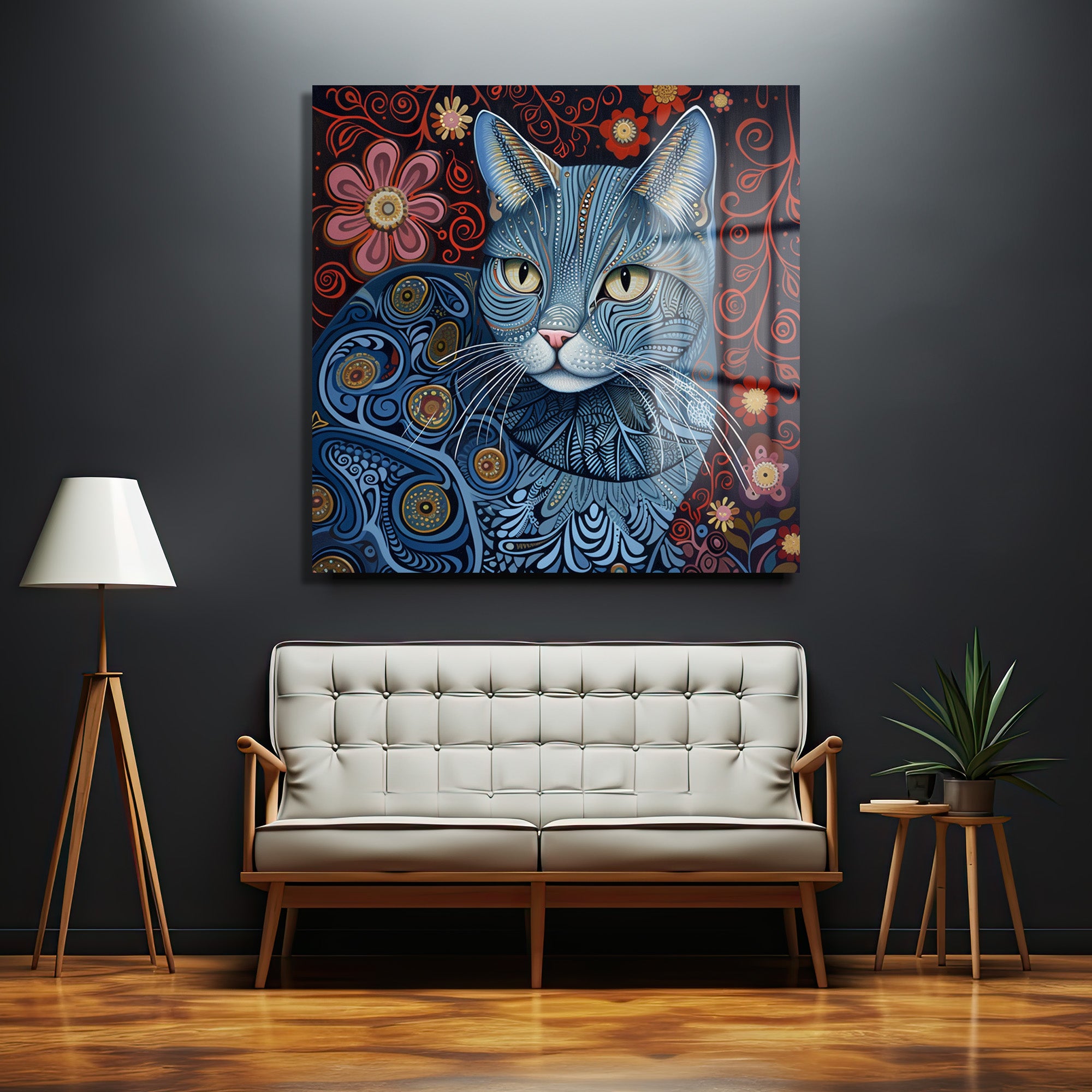 Mistik Mavi Kedi: Canlı Desenli Dekoratif Cam Tablo