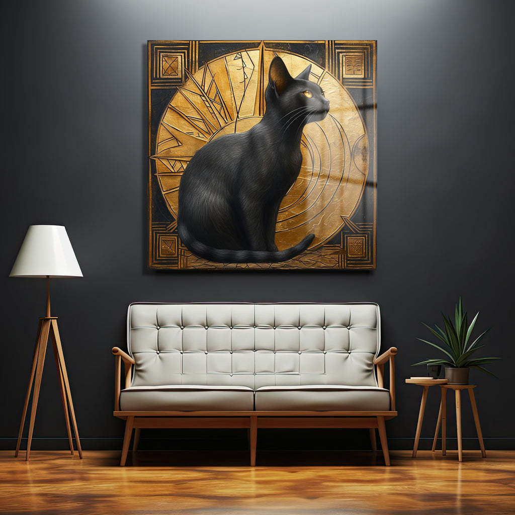 Art Deco'nun Asaleti: Altın ve Kara Kedi Temalı Temperli Cam Tablo