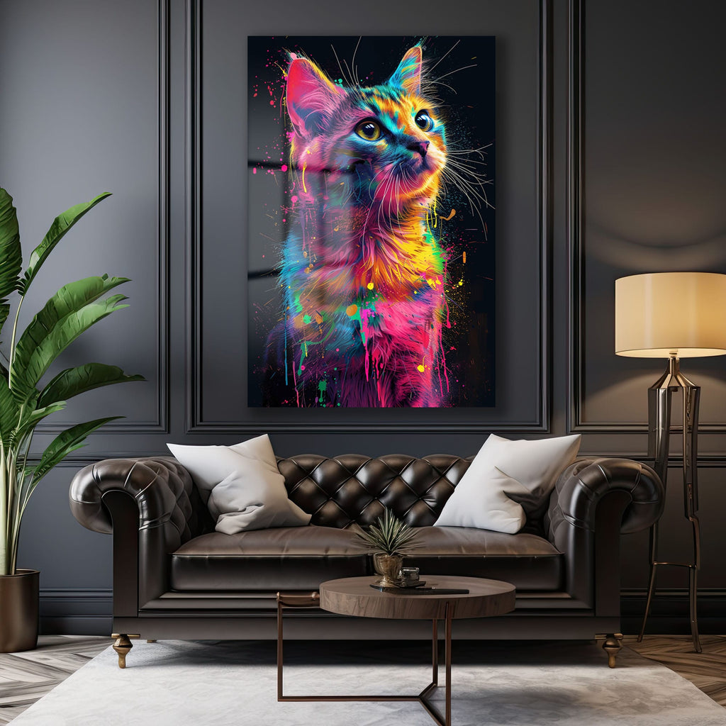 Neon Rüyası: Renkli Sıçramalarla Modern Kedi Cam Tablo