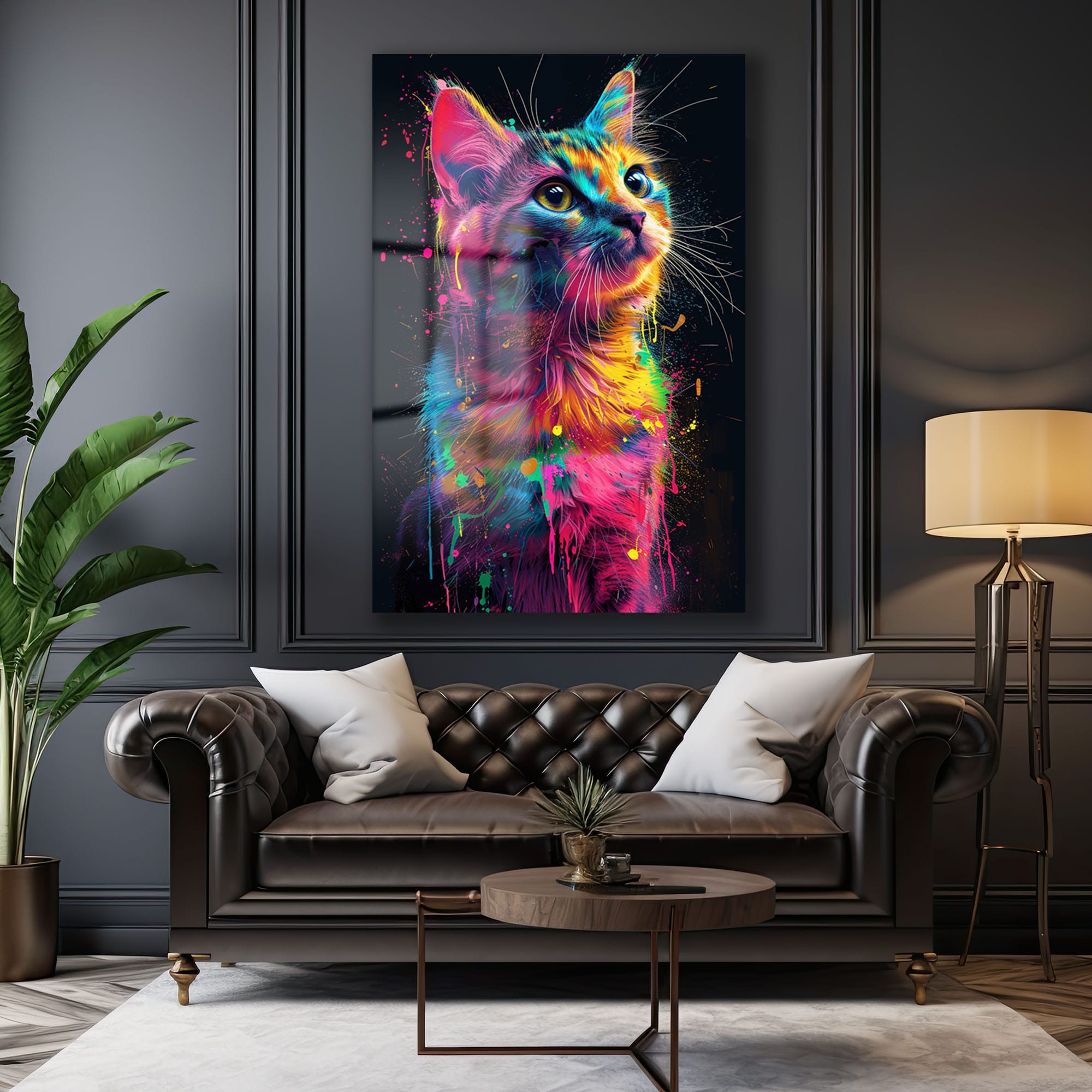 Neon Rüyası: Renkli Sıçramalarla Modern Kedi Cam Tablo