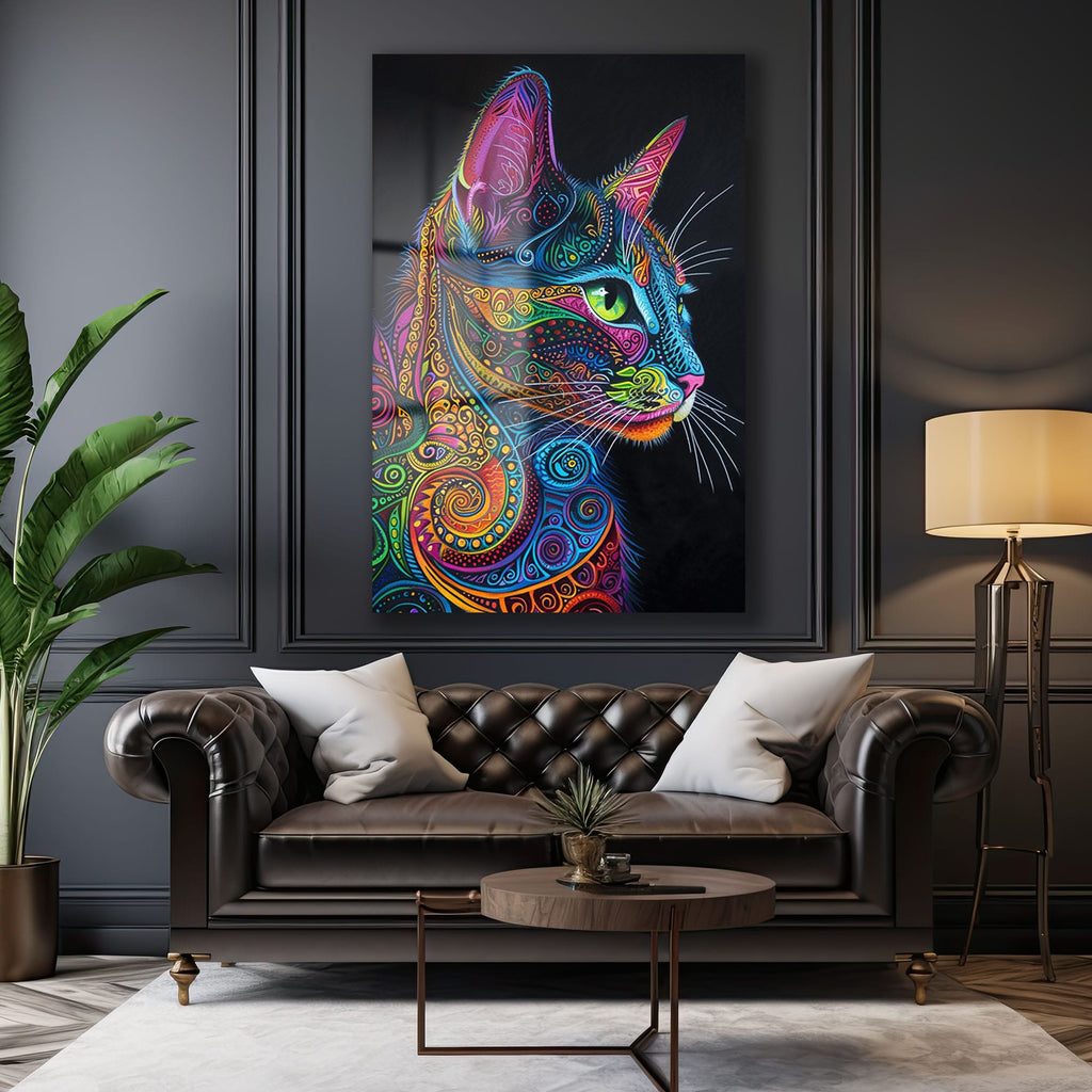 Canlı Renklerin Dansı: Psychedelic Kedi Desenli Temperli Cam Tablo