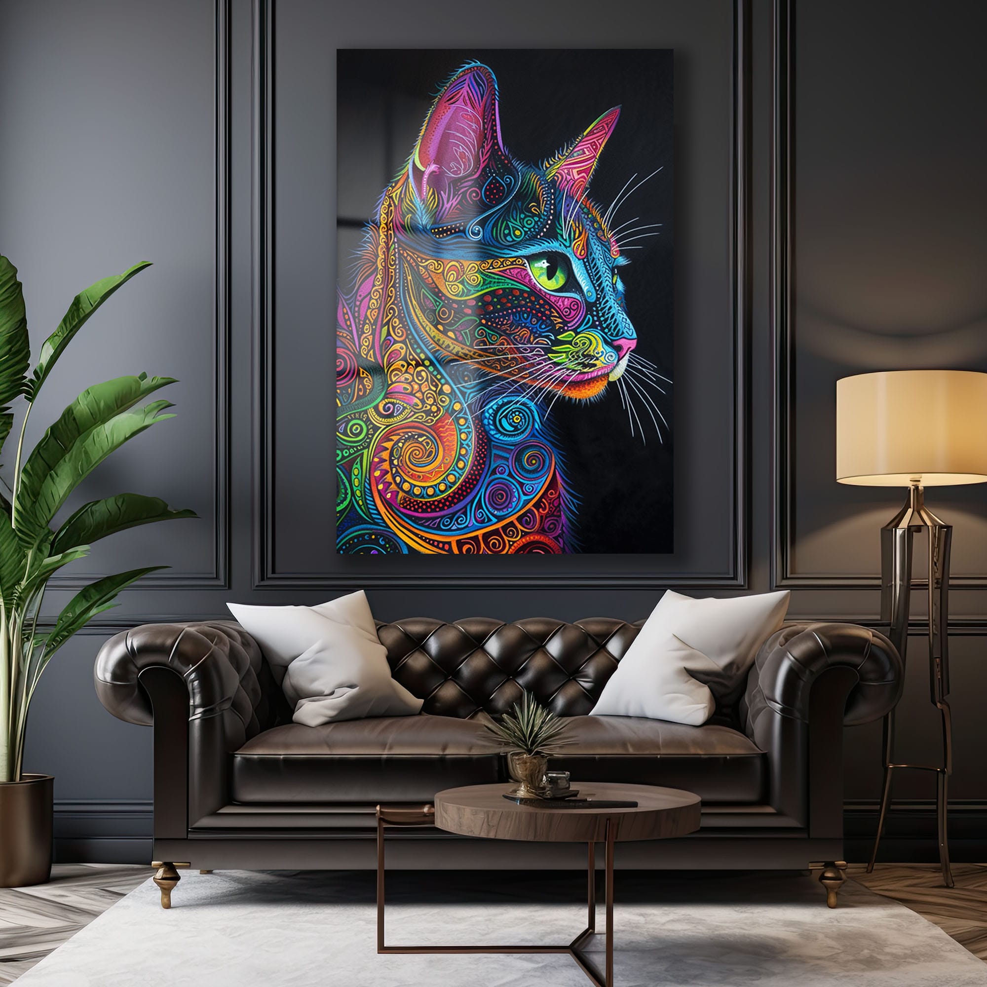 Canlı Renklerin Dansı: Psychedelic Kedi Desenli Temperli Cam Tablo