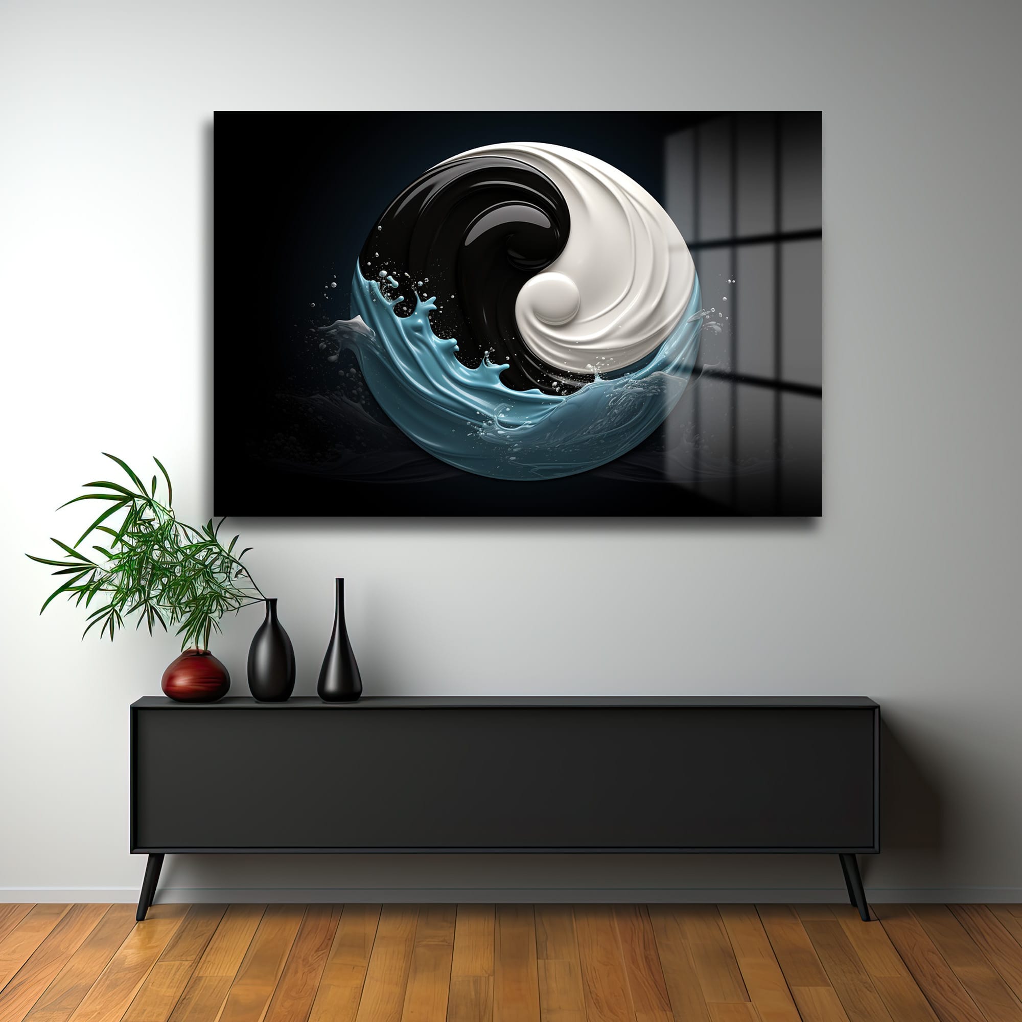 Yin-Yang Dalgaları: Modern Denge Temalı Cam Tablo