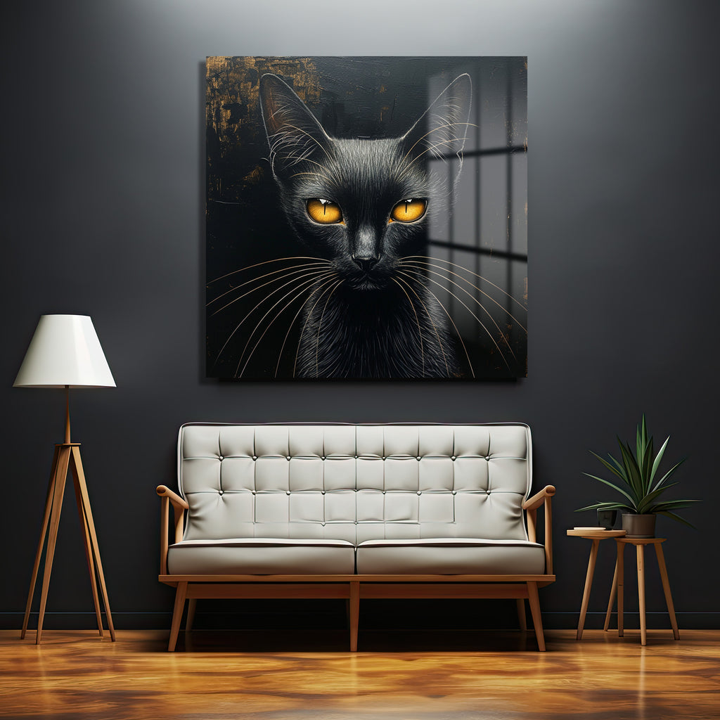 Gizemli Bakışlar: Siyah Kedi Temalı Modern Cam Tablo