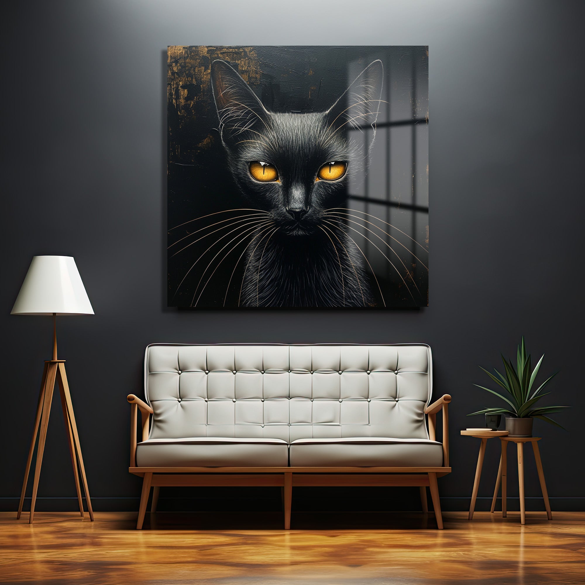 Gizemli Bakışlar: Siyah Kedi Temalı Modern Cam Tablo