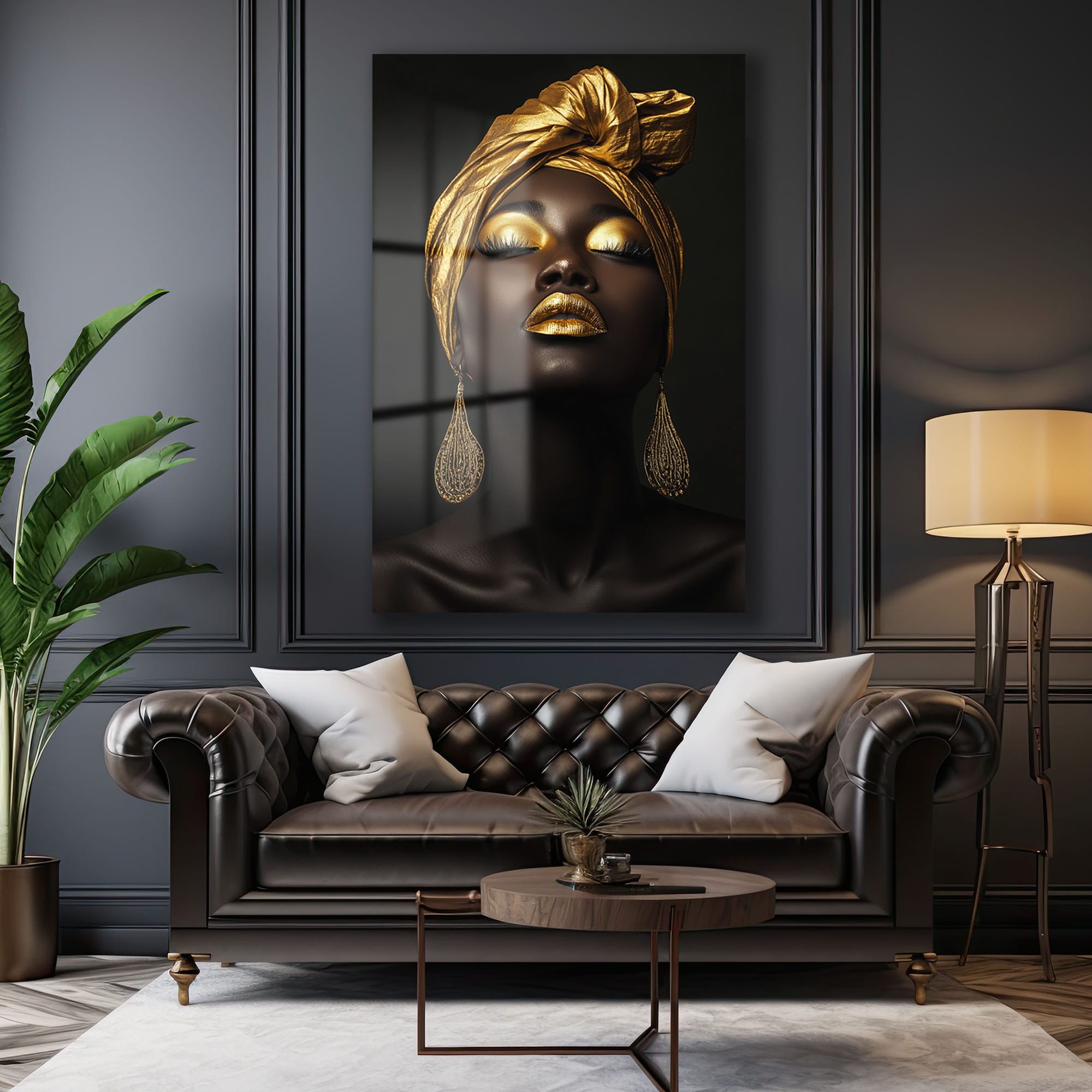 Altın Dokunuşların Büyüsü: Lüks Modern Afro Kadın Cam Tablo