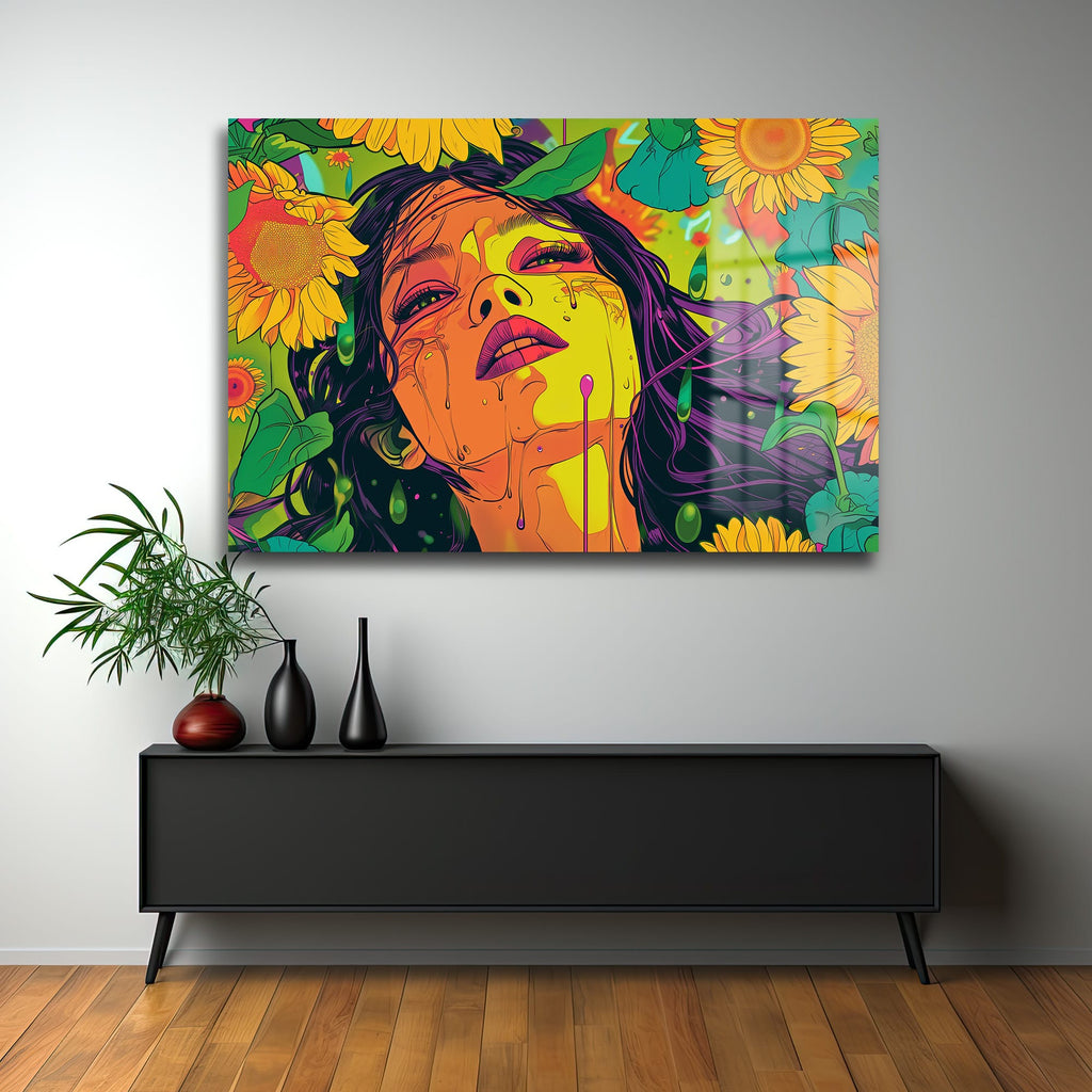 Günebakanın Gözyaşları: Canlı Pop Art Cam Tablo - Modern Duvar Dekorasyonu