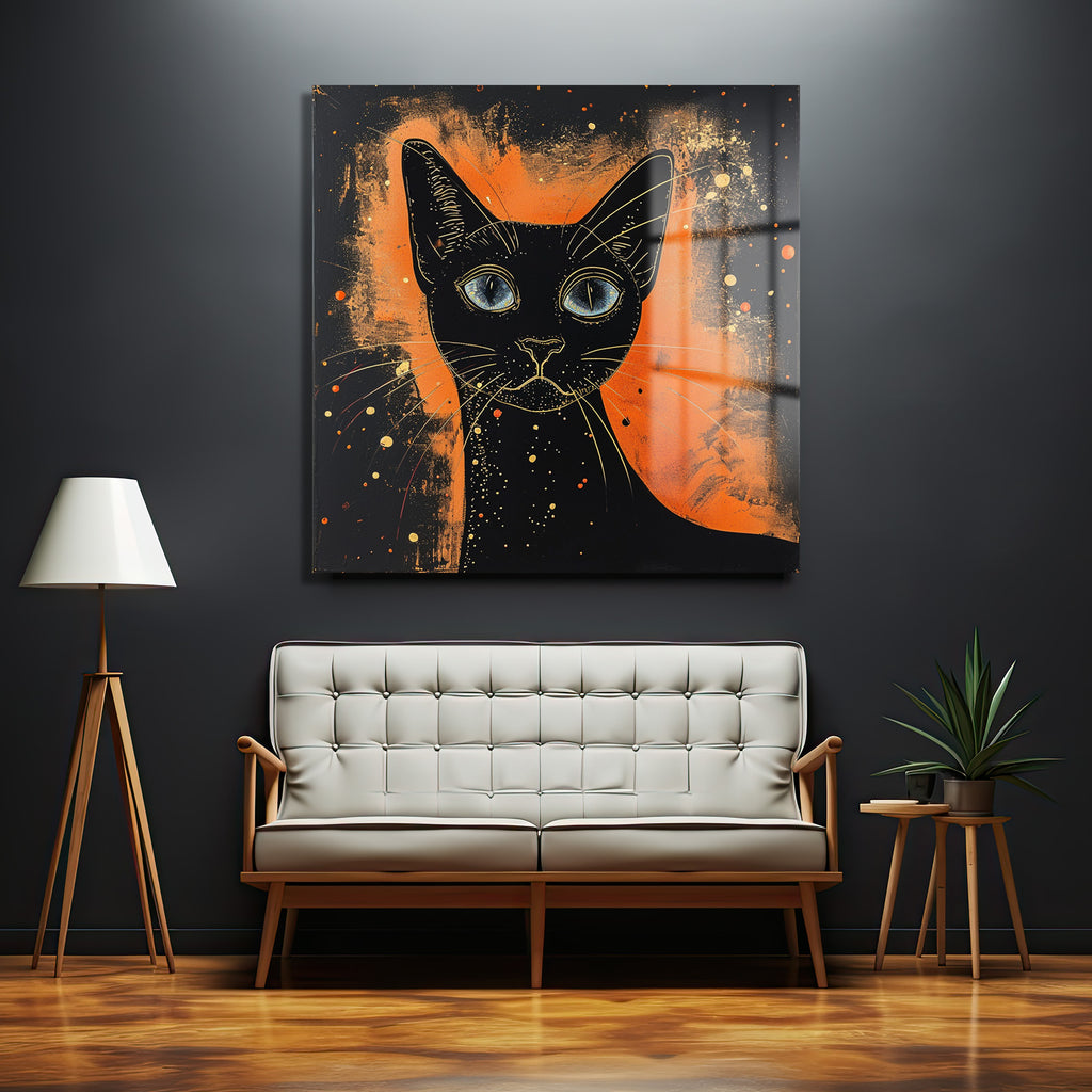 Büyüleyici Mavi Gözler: Modern Kara Kedi Temalı Temperli Cam Tablo