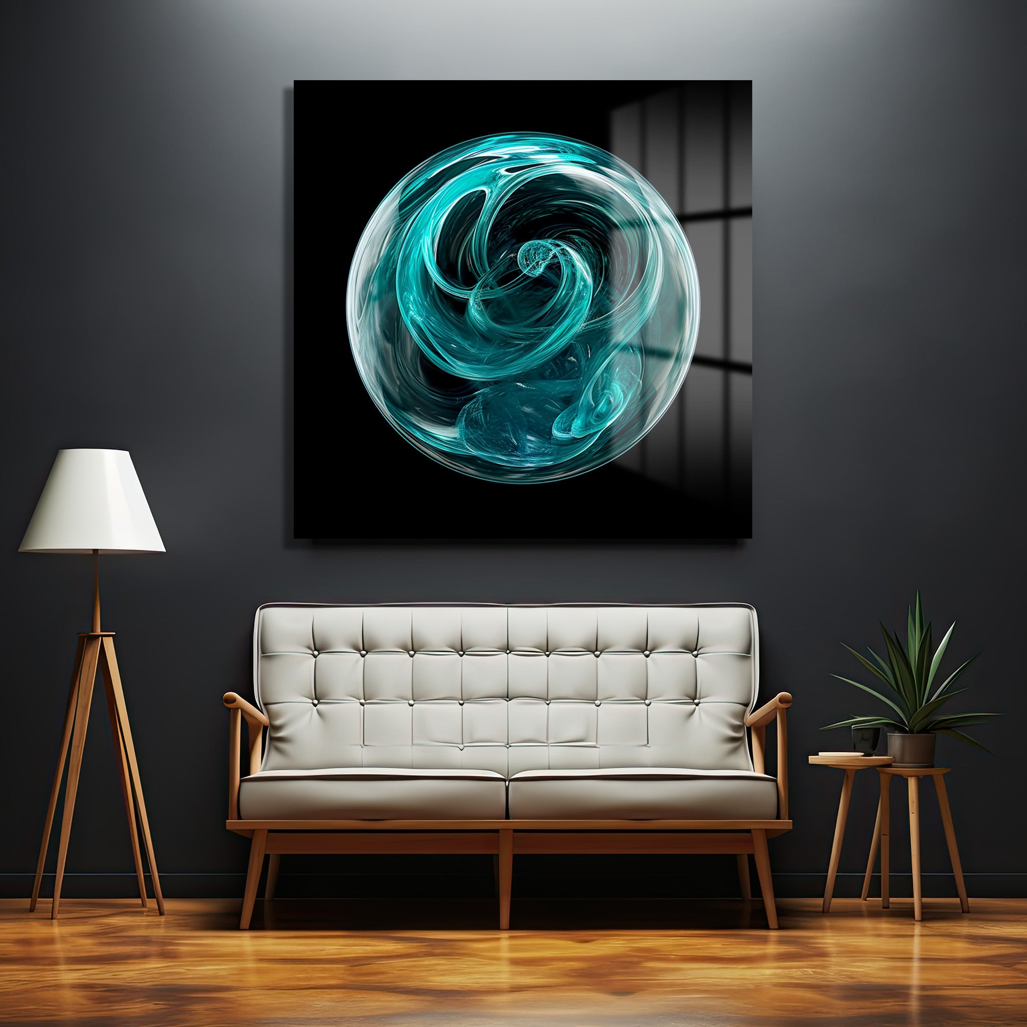 Enerjik Teal Küre Cam Tablo - Modern Soyut Sanat