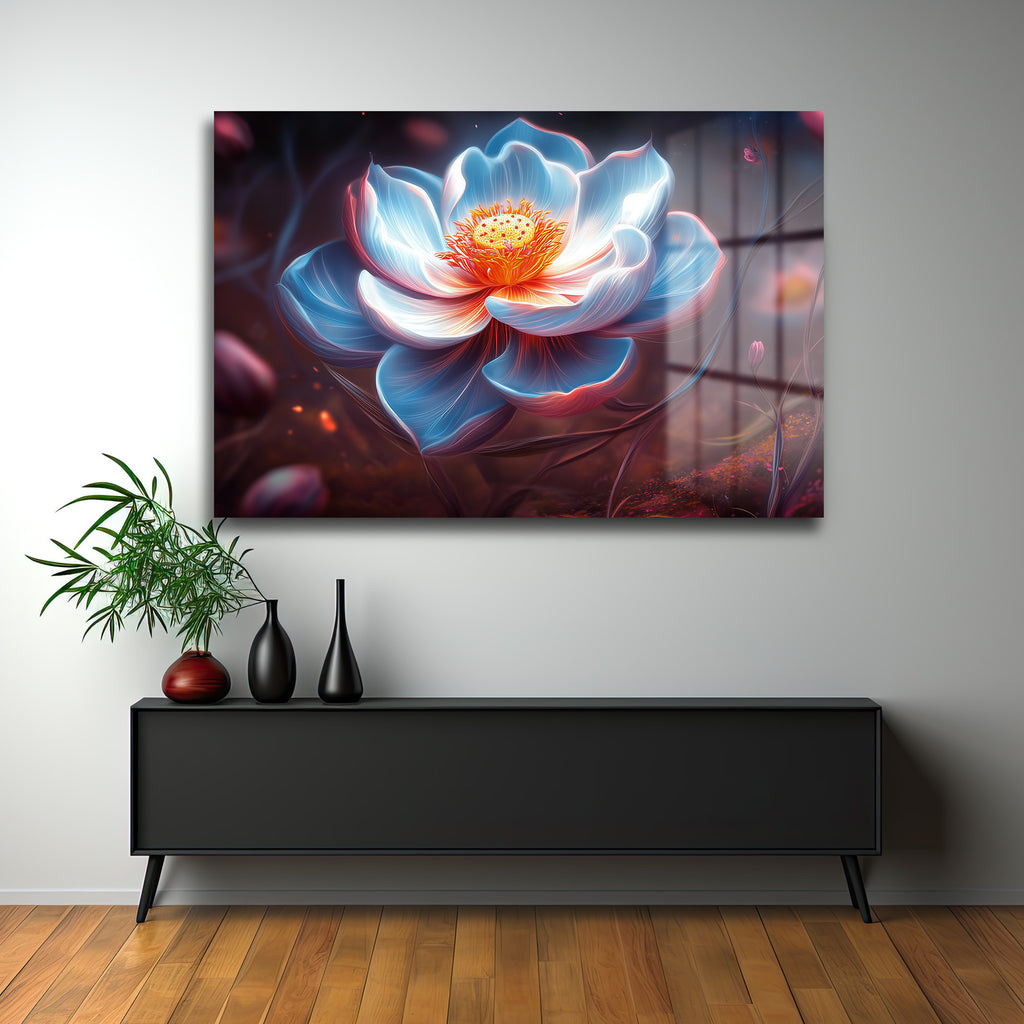 Işıltılı Lotus: Büyüleyici Mavi Tonlarda Modern Cam Tablo