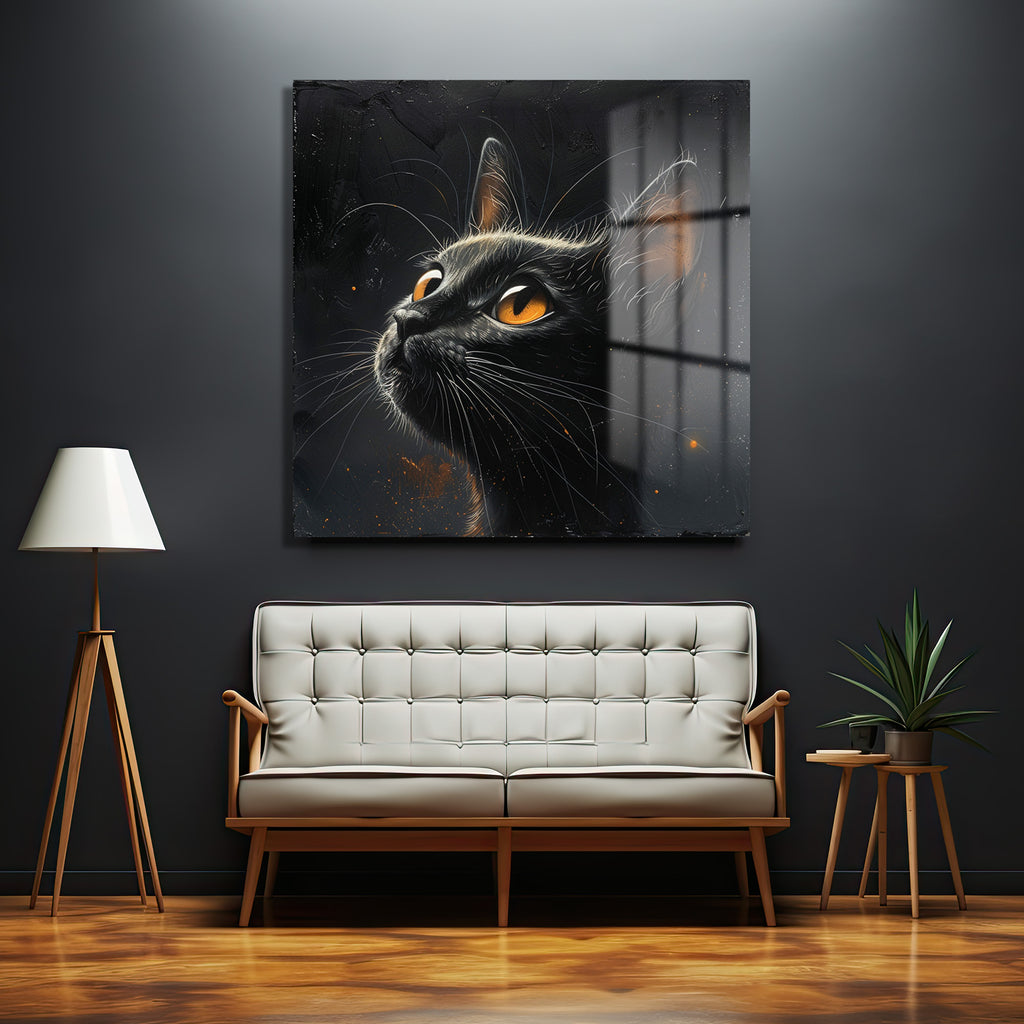 Gizemli Turuncu Gözler: Siyah Kedi Modern Dekoratif Cam Tablo
