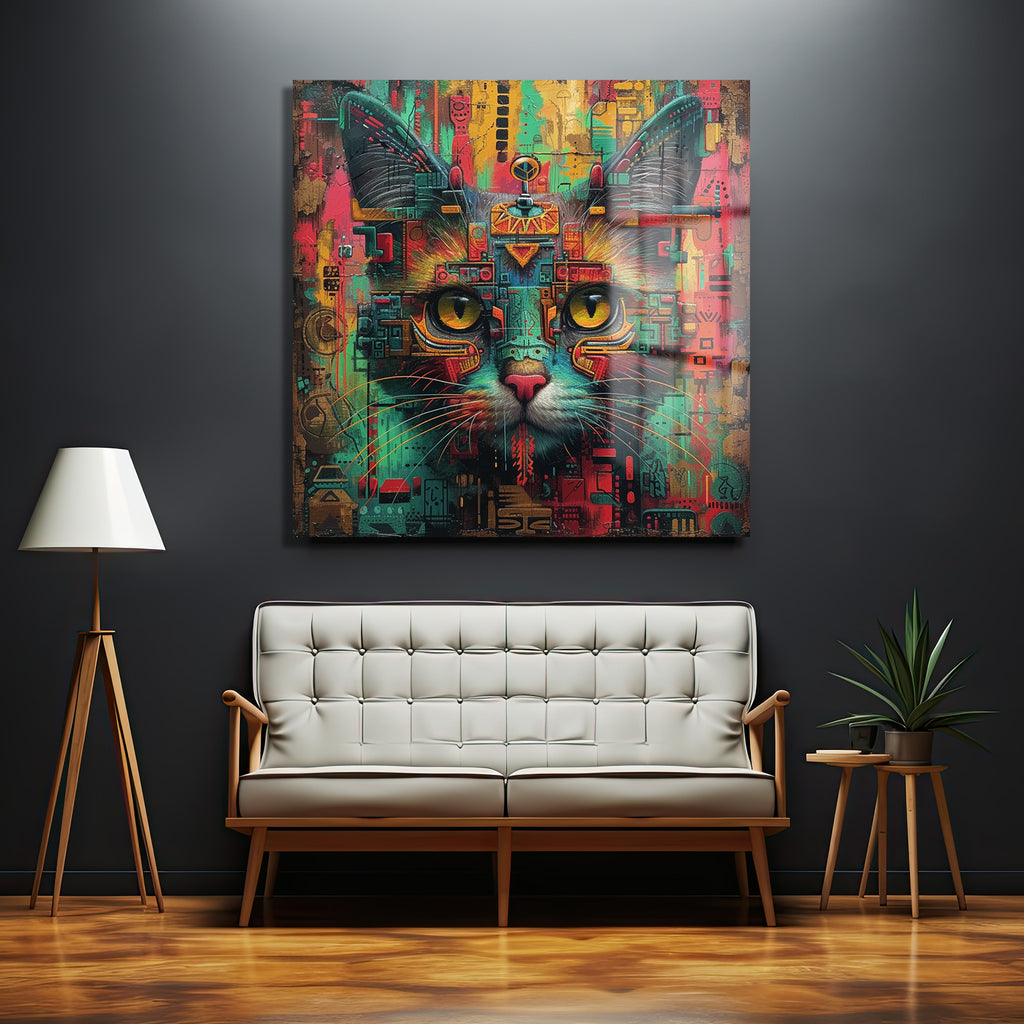 Sibernetik Kedi: Canlı Renklerle Modern Cam Tablo