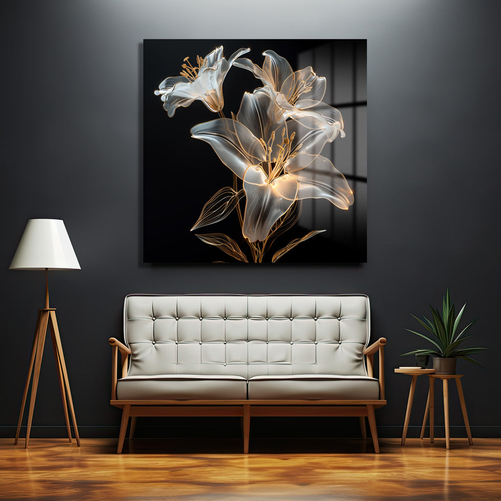 Işıltılı Zambaklar Modern Sanat Cam Tablo