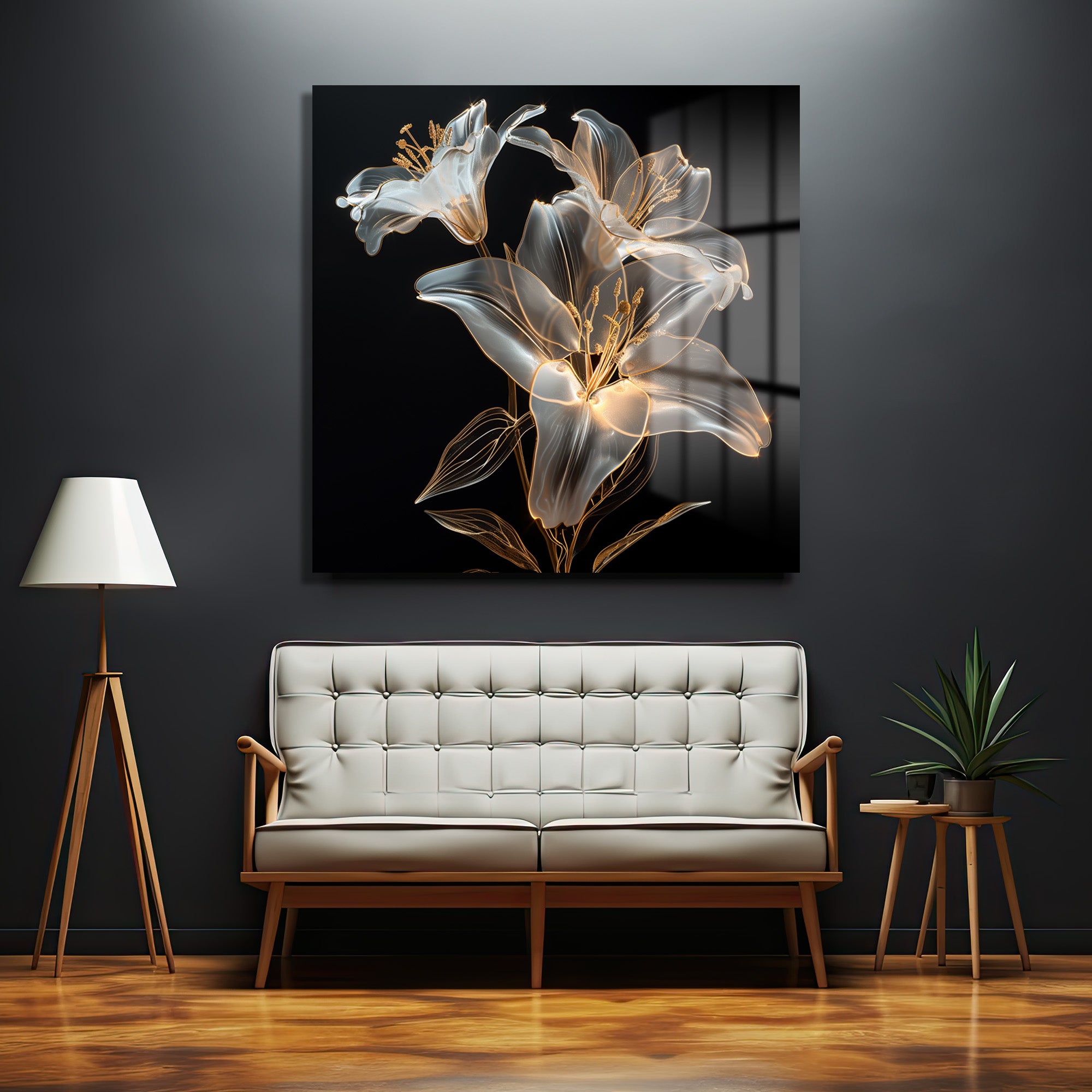 Işıltılı Zambaklar Modern Sanat Cam Tablo