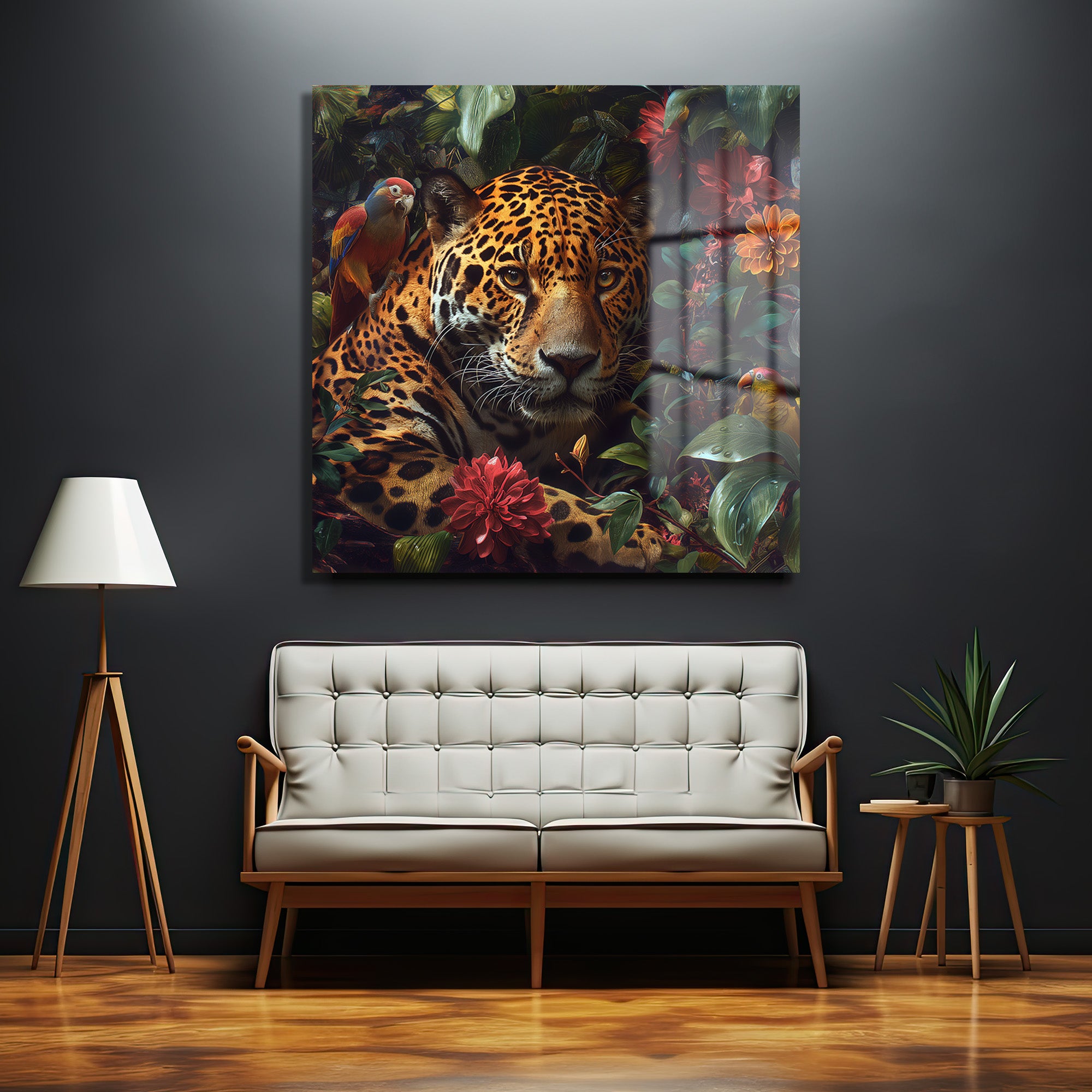 Jungle Gözleri: Jaguar ve Papağan Temalı Premium Cam Tablo