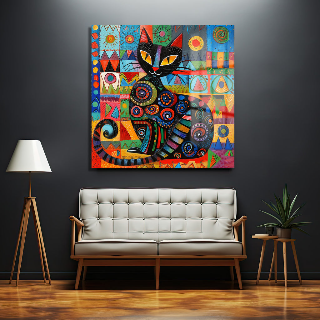 Neşeli Kedi: Canlı Renklerle Modern Sanat Cam Tablo