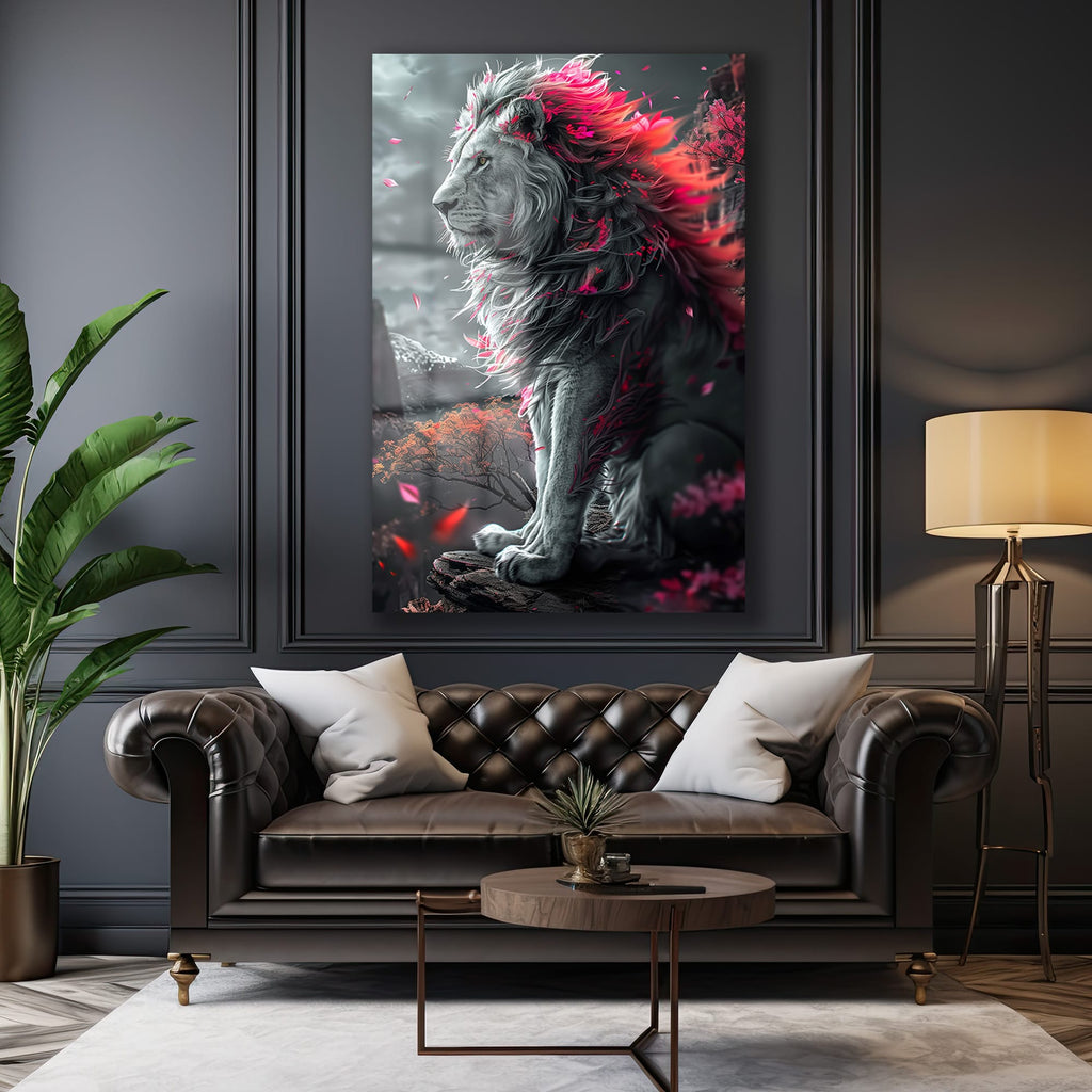 İhtişamlı Pembe Yeleli Aslan Cam Tablo: Gücün ve Zarafetin Modern Sanat Yorumu