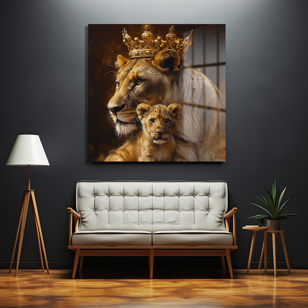 Taçlı Aslan Anne ve Yavrusu Regal Cam Tablo