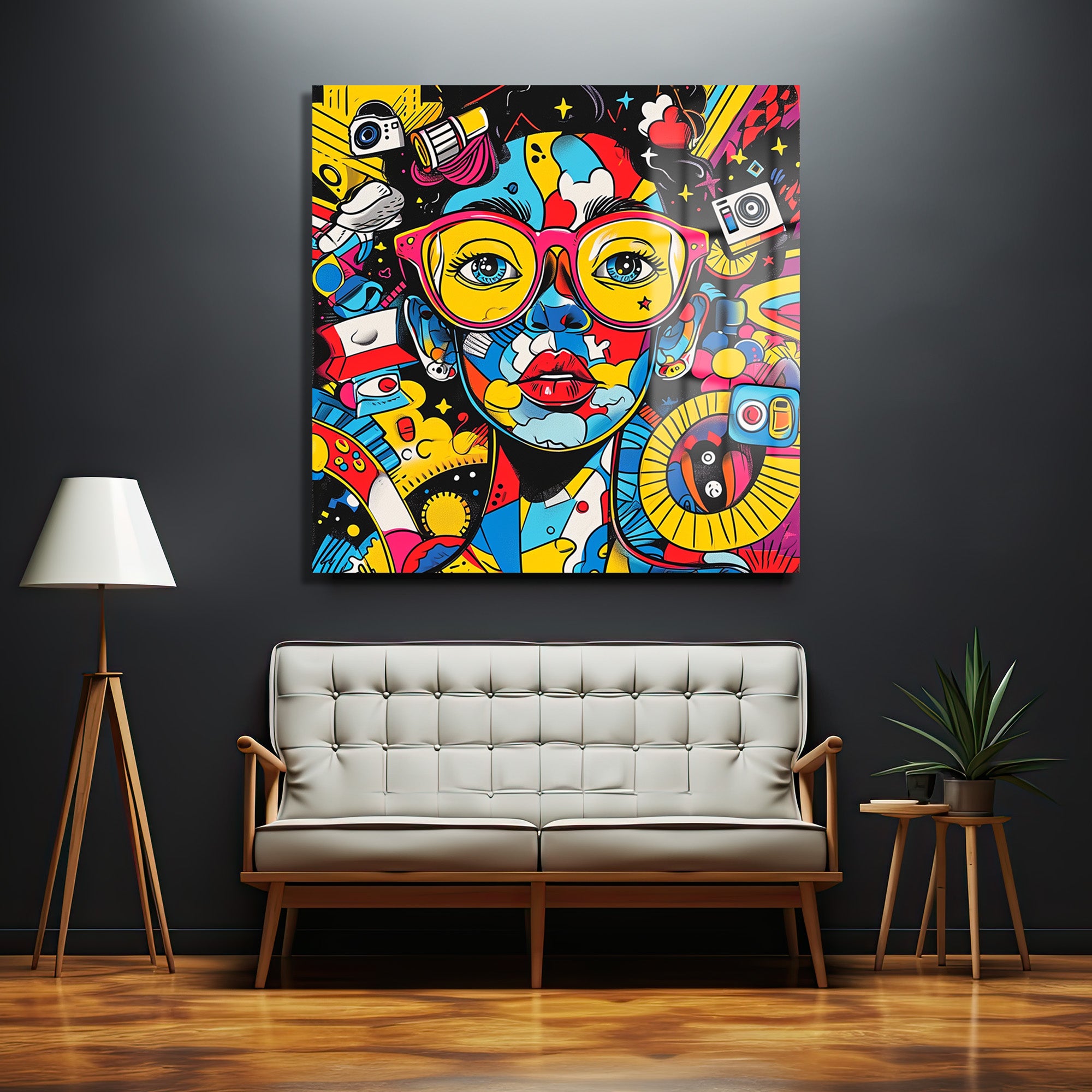 Canlı Renklerle Pop Art Kadın Portresi Temperli Cam Tablo